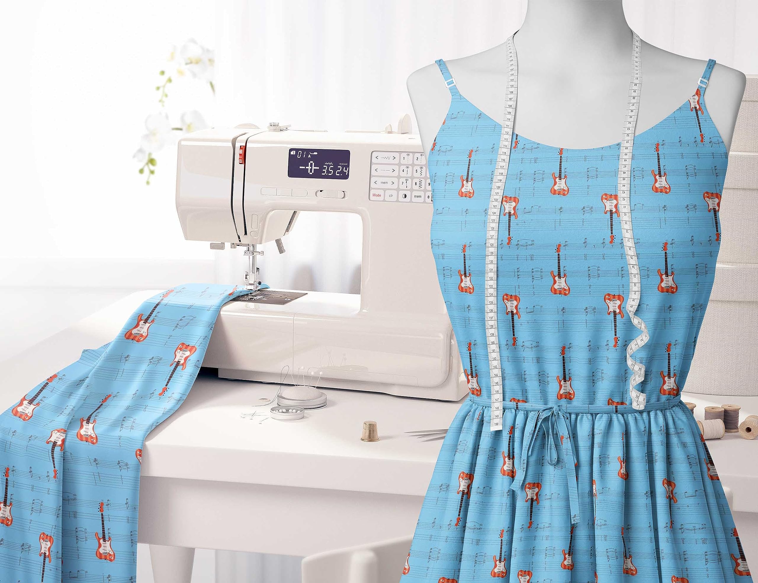 Soimoi Moss Georgette Blue Fabric by The Yard - 42 Inch Wide Printed Fabric for Dresses, Curtains & Home Decor - Musical Notes & Guitar Design Fashion Material