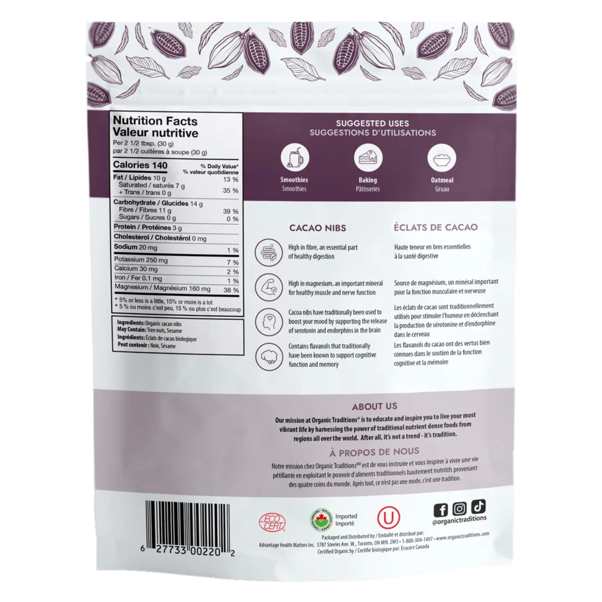 Organic Raw Cacao Nibs - Premium Superfood for Baking, Smoothies & Healthy Snacks - Vegan, Gluten-Free & Non-GMO - Perfect for Desserts, Granola & Energy Bars