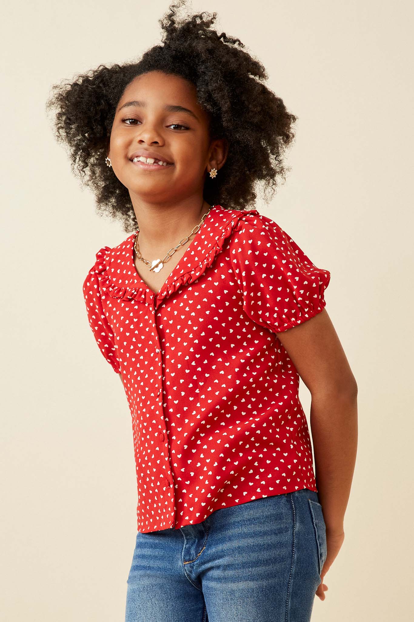 Stylish Ditsy Heart Print Ruffled Collar Button Up Shirt for Women | Casual & Office Wear | Perfect for Dates, Work & Spring Outfits