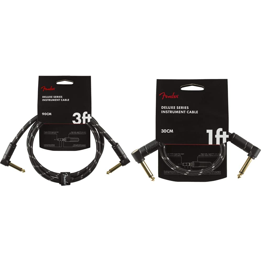 Premium Fender Deluxe 3ft & 1ft Instrument Cables - Black Tweed Shielded Guitar/Bass Cable for Professional Musicians, Studio Recording & Live Performances