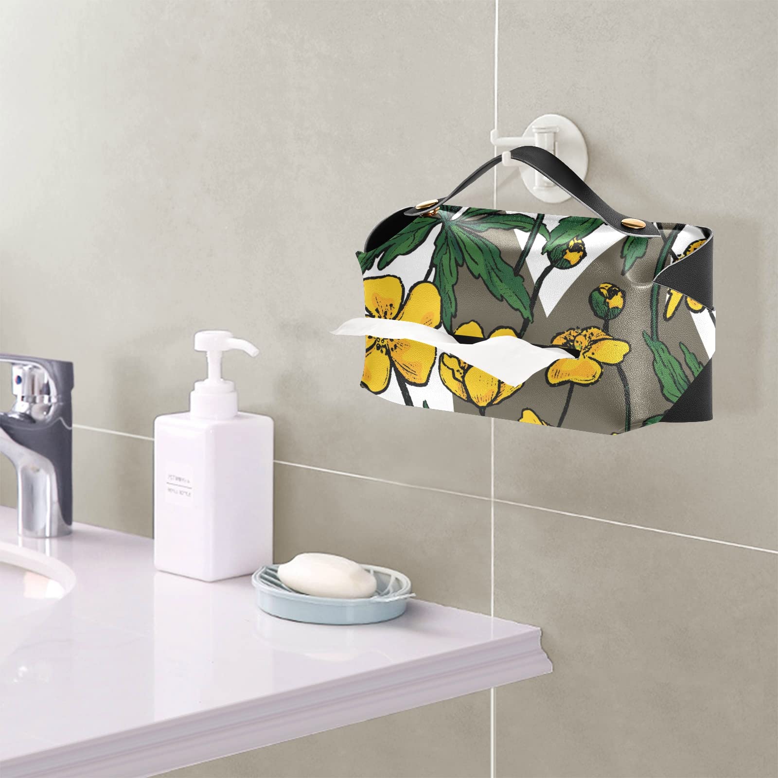 Buttercup Anemone Flower PU Leather Tissue Box Cover - Rectangular Decorative Tissue Holder with Handle for Bedroom, Bathroom, Office | Home Decor & Gift Idea