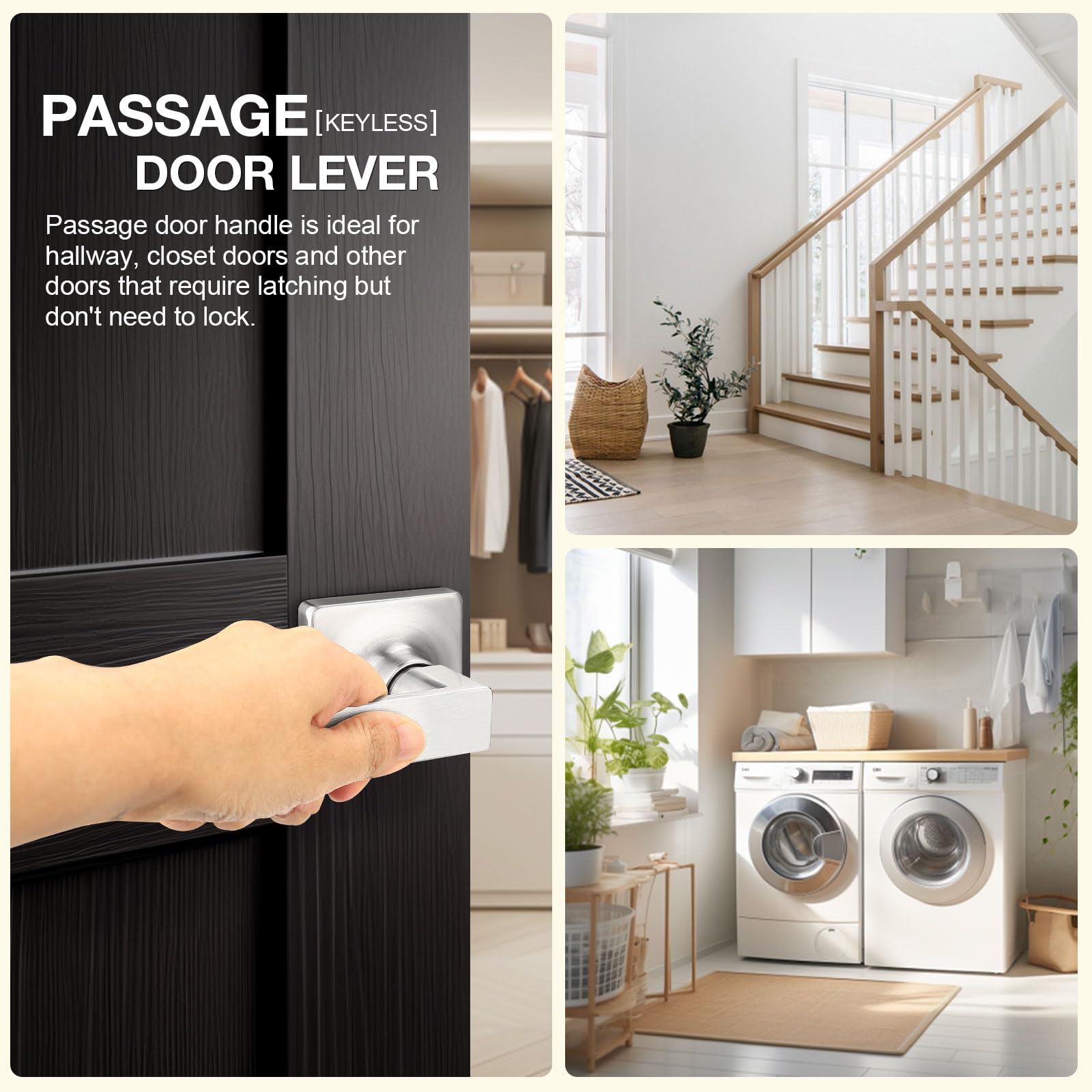 Gobekor 6 Pack Brushed Nickel Square Interior Door Handles - Keyless Passage Lever Set for Closet, Bedroom & Office Doors (Straight Levers, Modern Design)