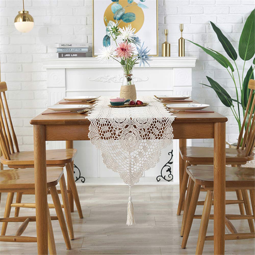 Handmade Hollow Woven Table Runner - American Country Retro Style Dining Table Decor with Pointed Fringe | Cotton TV Cabinet & Coffee Table Dustproof Cloth | Perfect for Farmhouse, Rustic & Boho Home Decor