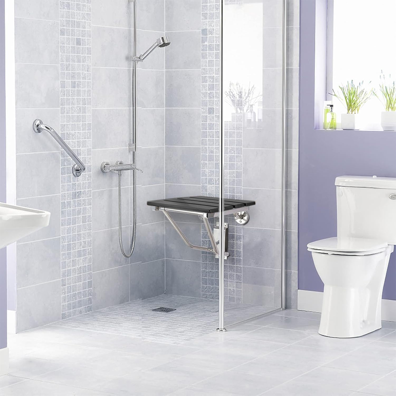Foldable Wall-Mounted Shower Seat & Bench - Sturdy 350lb Capacity Shower Chair for Small Bathroom Spaces - Collapsible Shower Stool for Bathtub Safety - Plastic Wood Black Finish - Ideal for Elderly, Disabled & Space-Saving Bathroom Designs