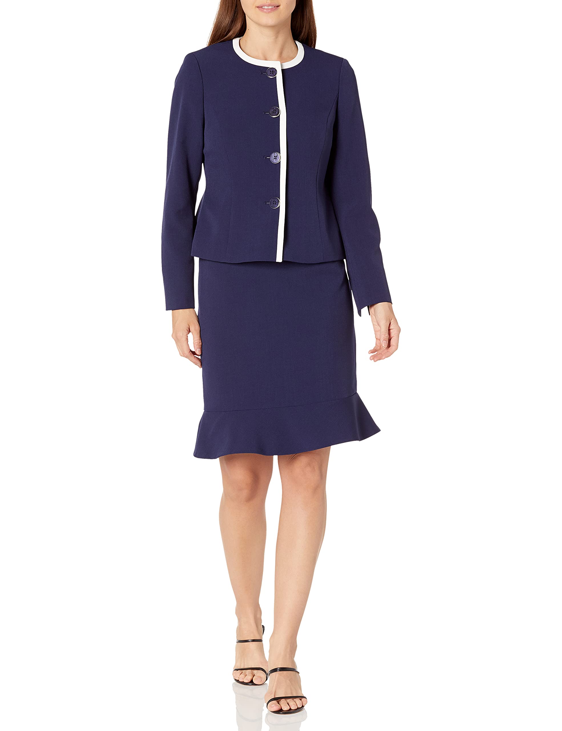 Le Suit Women's 4-Button Jewel Neck Piped Crepe Flounce Skirt Suit Set - Professional Office Wear & Formal Business Attire for Women