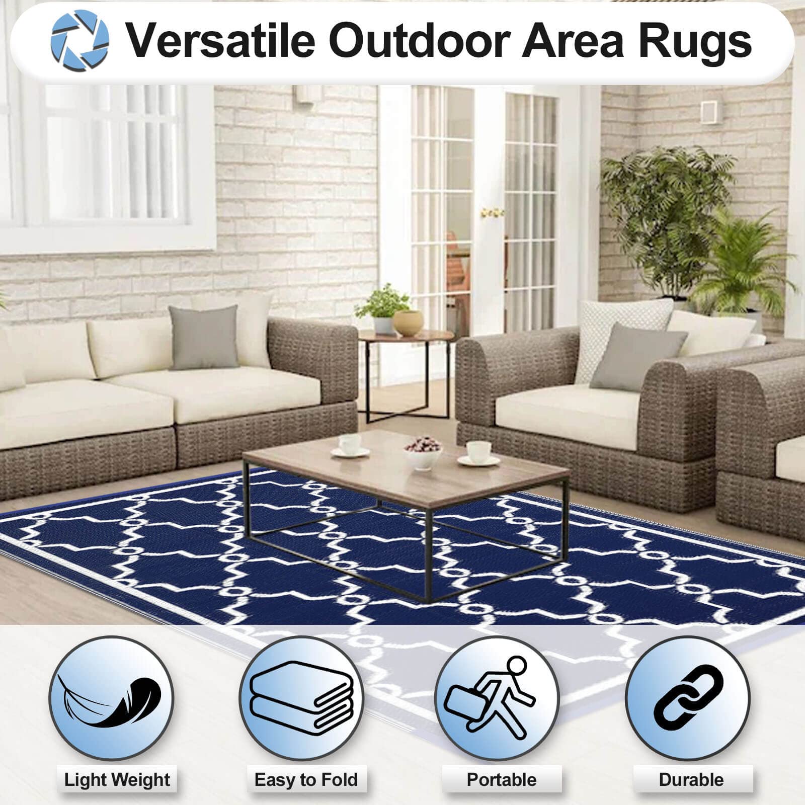 Outdoor Reversible Rug 9x12 ft - Waterproof Plastic Patio Carpet, UV & Stain Resistant RV Mat, Straw Weave Moroccan Navy & White - Perfect for Camping, Backyard, Deck, Picnic, Porch, RV & Outdoor Decor