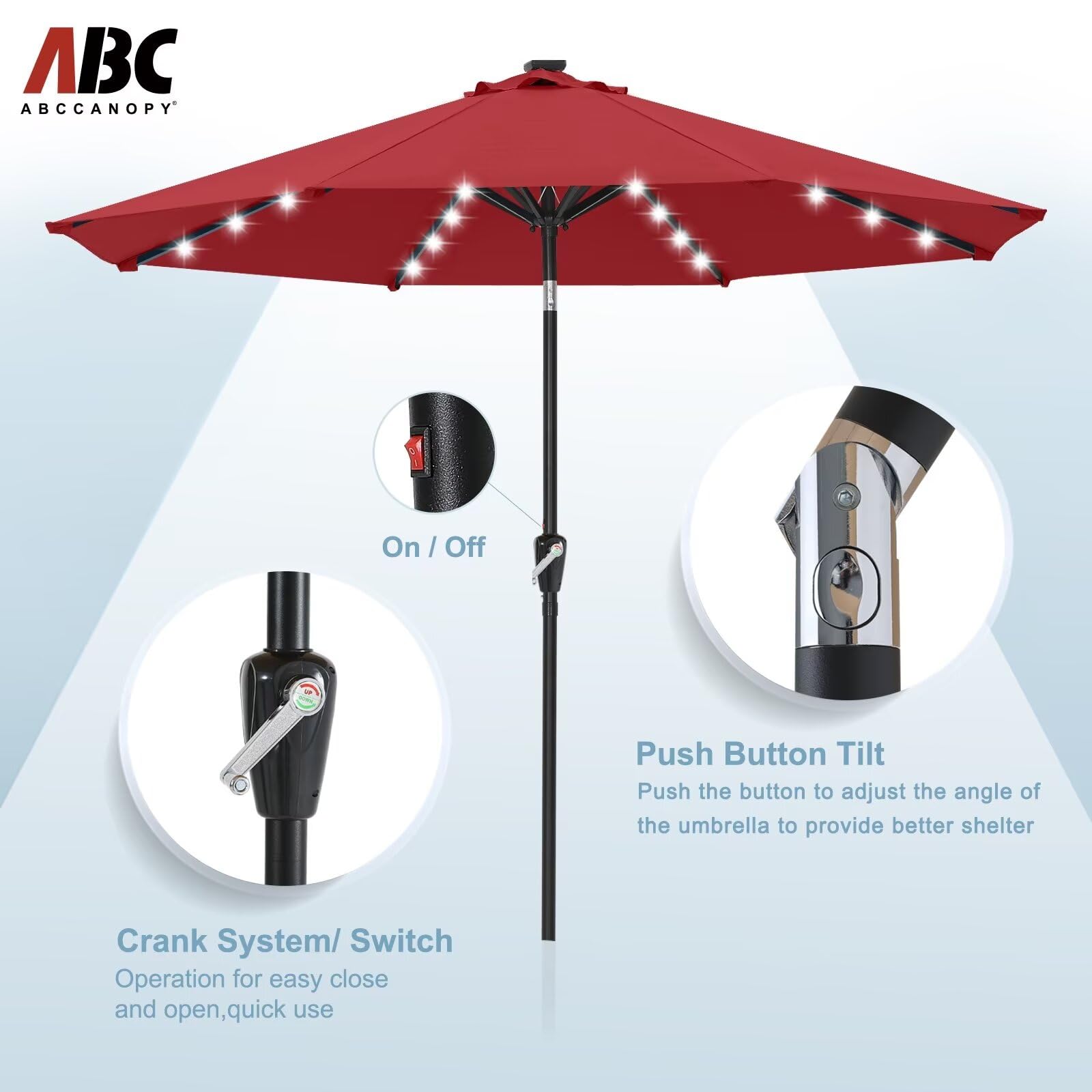 ABCCANOPY 7.5FT Solar LED Patio Umbrella - 32 LED Lights, Durable Outdoor Canopy (Burgundy) for Backyard, Poolside, and Garden Relaxation
