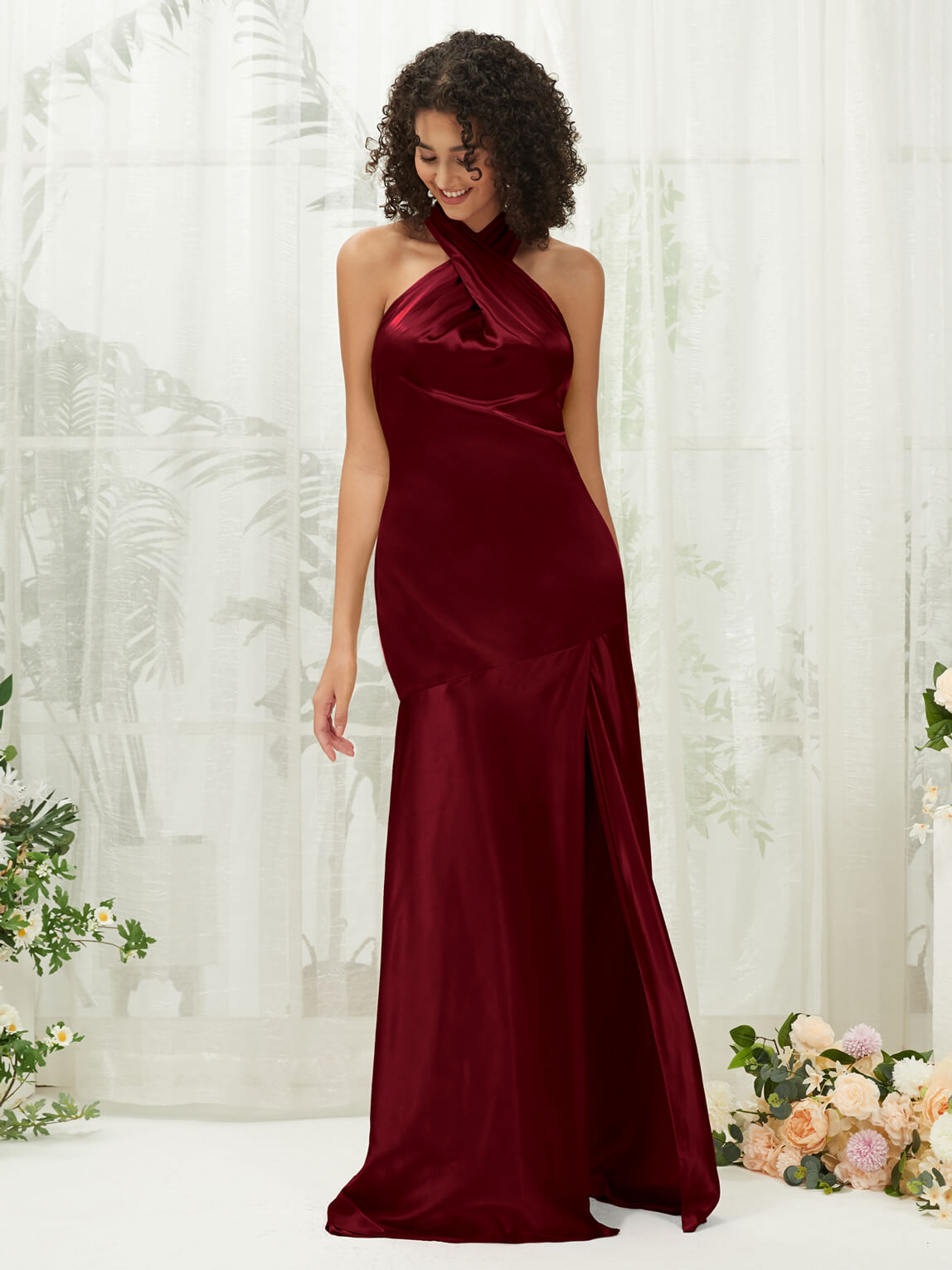Burgundy Satin Halter Neck Sleeveless Maxi Bridesmaid Dress with Thigh High Slit - Elegant Formal Gown for Weddings, Prom, Evening Parties & Special Occasions