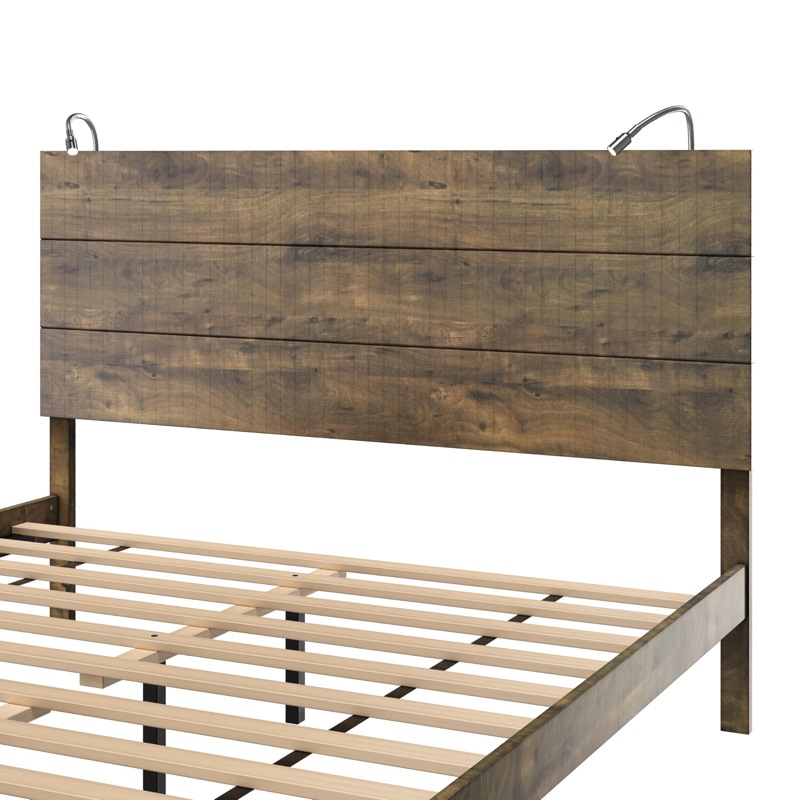 Full Size Wood Platform Bed Set with Nightstands & Lights - Farmhouse Bedroom Furniture for Kids, Teens & Adults - Perfect for Cozy Bedrooms