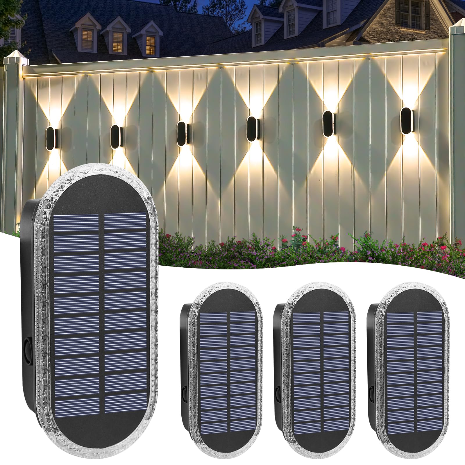 4 Pack Solar Fence Wall Lights Outdoor - RGBW 8-Color Changing LED Landscape Lighting, IP65 Waterproof Dual Lens Up/Down Illumination for Porch, Patio, Backyard, Deck & Stairs (2 Installation Modes) | Perfect for Garden Pathways, Driveway Markers & Outdoor Decor