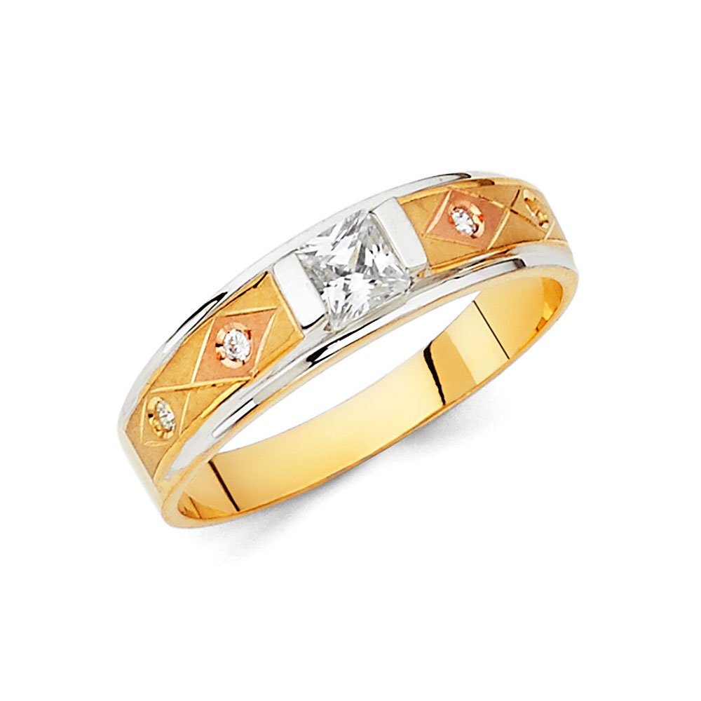 14K Yellow, White & Rose Gold Three-Tone Ring for Men – Cubic Zirconia CZ Wedding Band, Anniversary Gift, Promise Ring, Engagement Jewelry – Perfect for Special Occasions & Everyday Wear