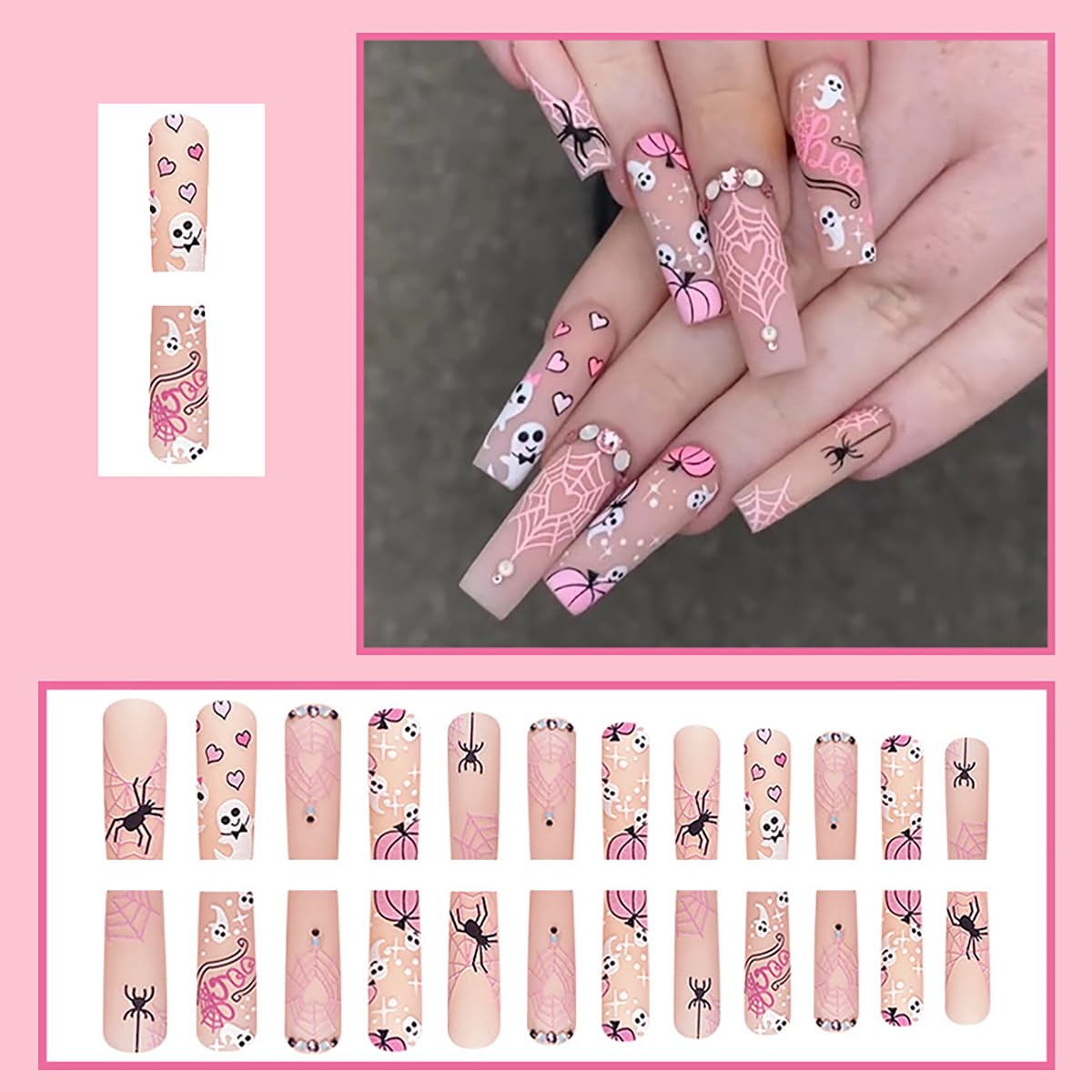 Halloween Press on Nails - 24PCS Long Square Fake Nails with Pumpkin, Coffin, Heart & Spider Web Designs | Glue on Nails with Rhinestones for Women | Perfect for Halloween Parties, Costume Events & DIY Nail Art
