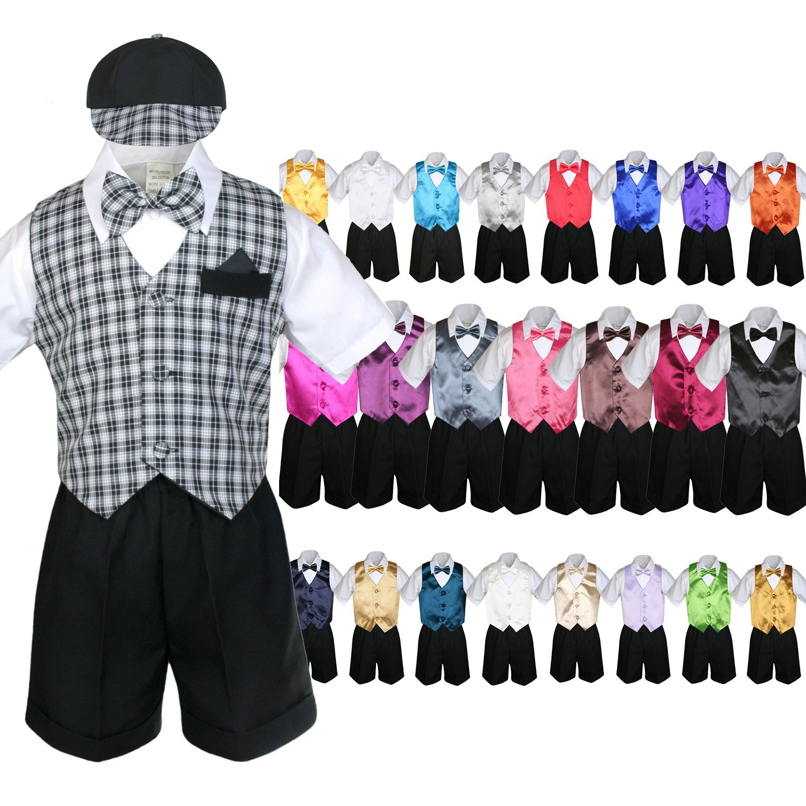 7-Piece Baby Boy Black Formal Shorts Check Suits Set with Extra Vest & Bow Tie - Sizes S to 4T - Perfect for Weddings, Parties & Special Occasions