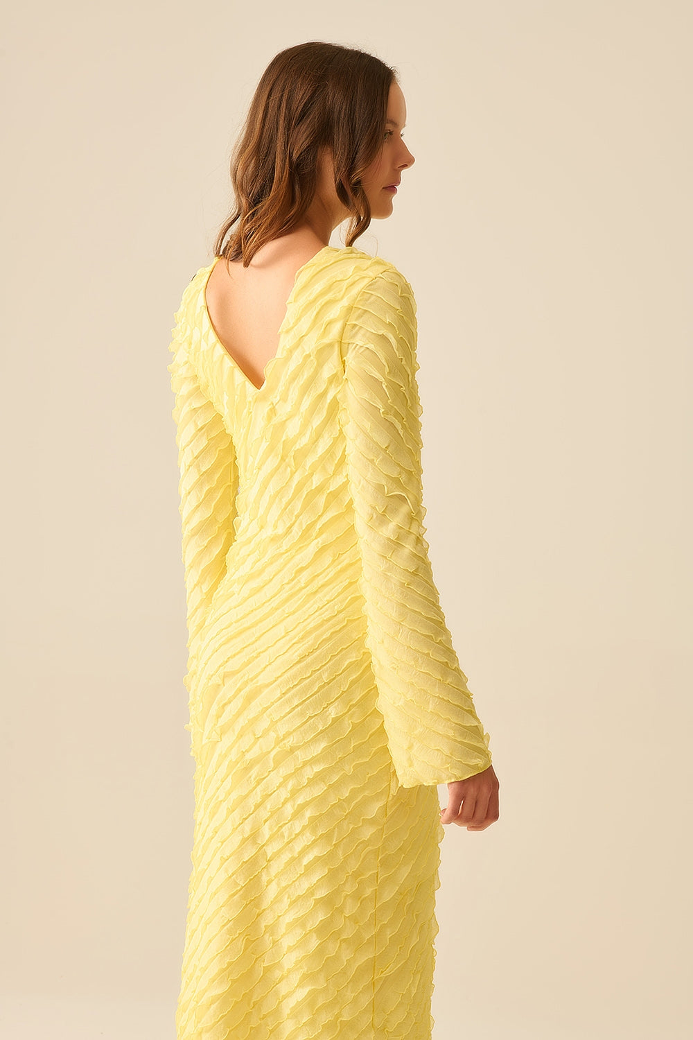 Butter Yellow Maxi Dress with Bias Mini Ruffle Design - Elegant Summer Beach Dress for Women, Perfect for Vacations, Weddings & Outdoor Parties