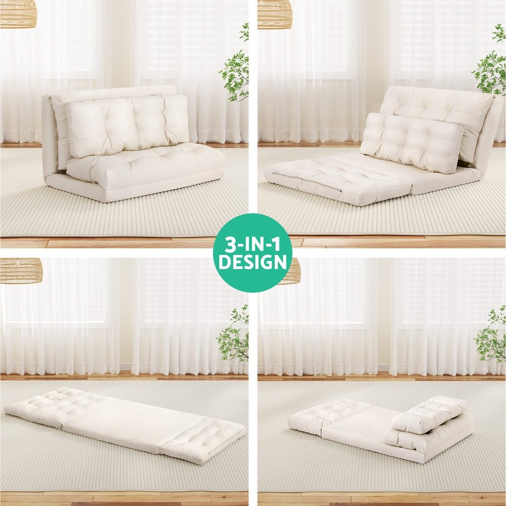 2-Seater Leather Floor Lounge Sofa Bed with Pillows - White - Perfect for Small Spaces, Guest Rooms & Cozy Living Areas