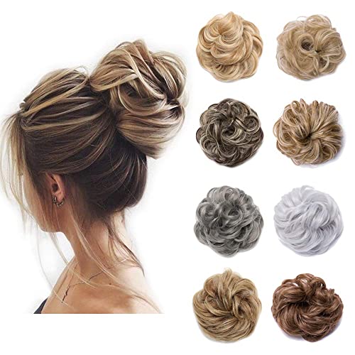 2Pcs Messy Scrunchie Hair Bun Pieces - Synthetic Wavy Curly Updo Bun with Elastic Band | Chignon Donut Hairpiece (80g, Ash Blonde Mix Bleach Blonde) | Perfect for Parties, Weddings & Everyday Hairstyles