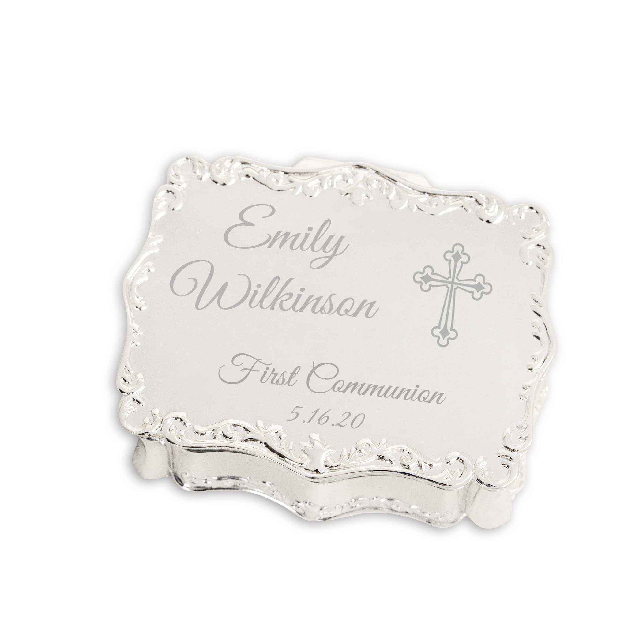 Personalized Small Rectangle Jewelry Box with Custom Engraved Name & Cross - First Communion Gift for Girls & Boys, Silver-Toned Keepsake Box for Baptism, Confirmation & Special Occasions