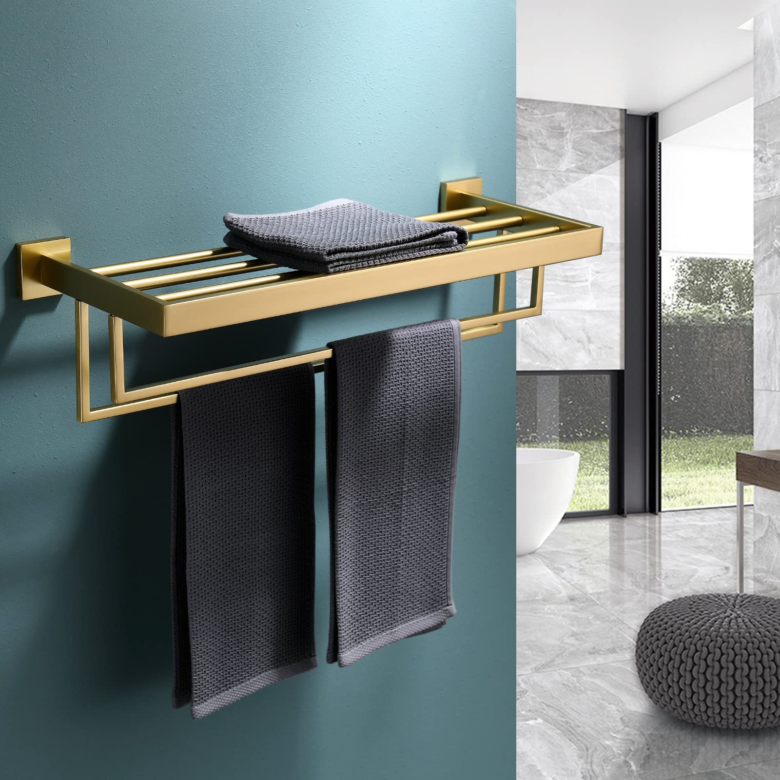 Brushed Gold Stainless Steel Wall Mounted Towel Rack with 2 Bars - Modern Bathroom Towel Shelf & Hanger for Hand & Bath Towels - Perfect for Spa, Guest Bath & Master Bath Organization