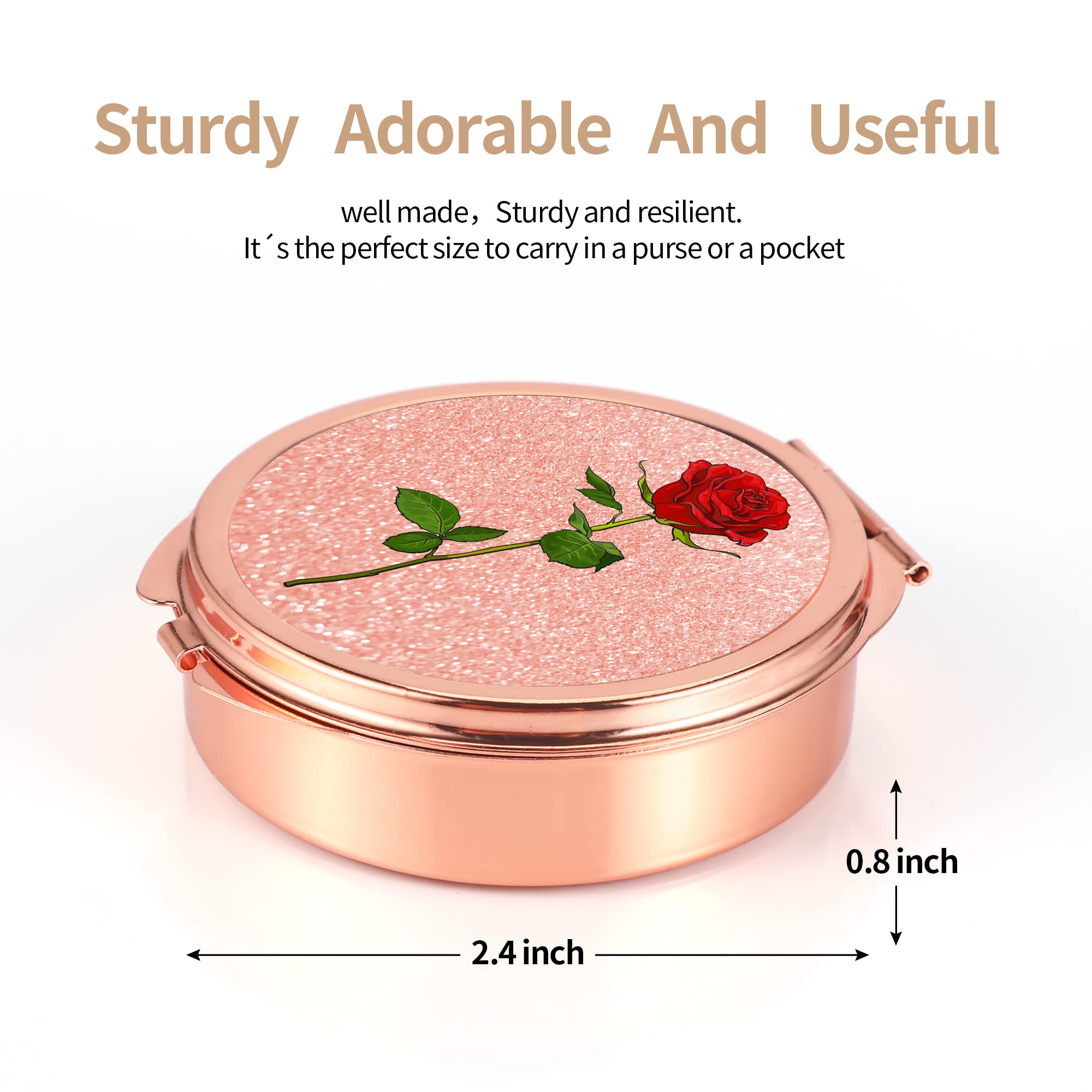 Dynippy 3 Compartment Pill Organizer with Mirror - Portable Round Rose Gold Pill Case for Vitamins, Medicine & Travel - Perfect for Purse, Pocket & Daily Use