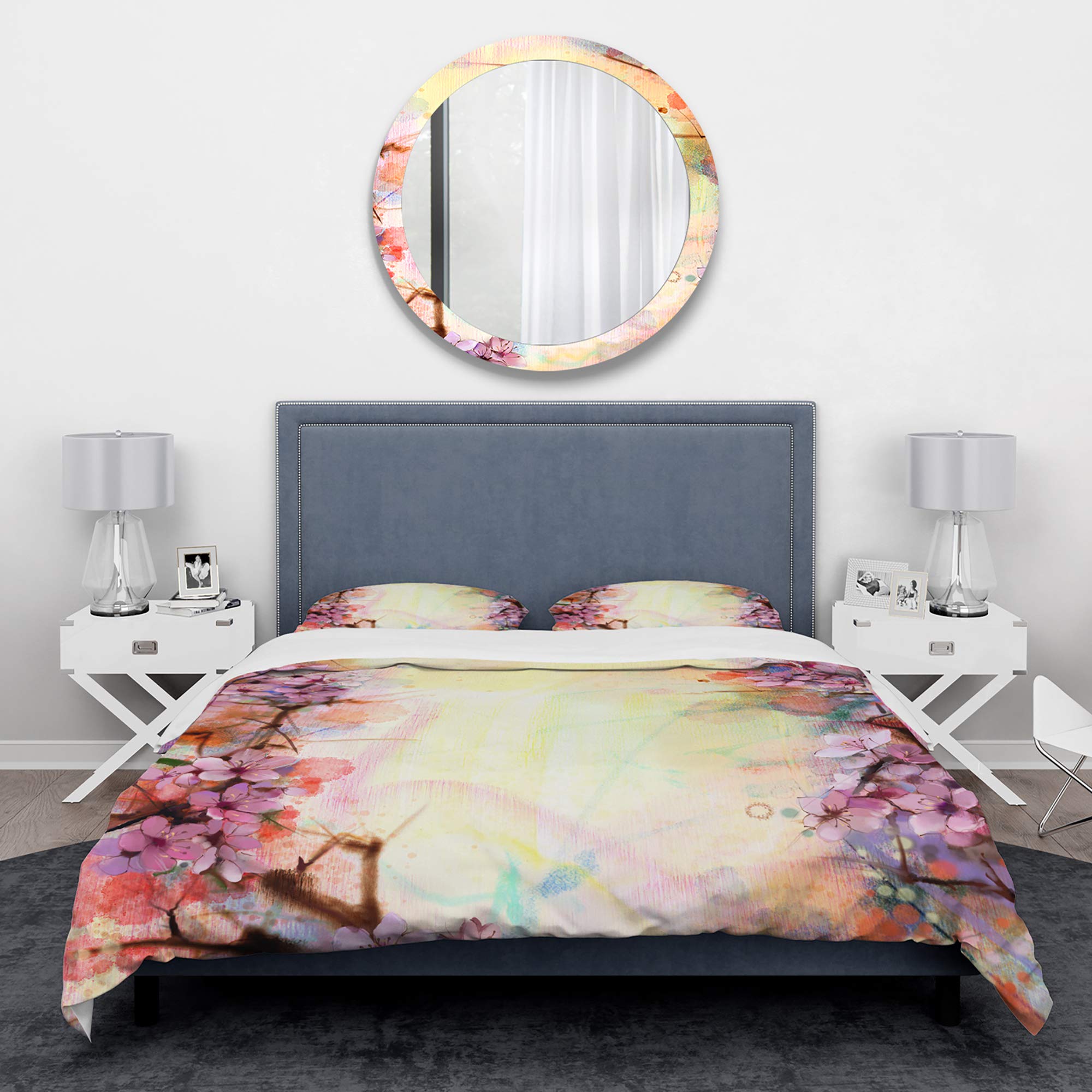 Pink Sakura Floral Duvet Cover Set King Size - 3 Piece Coastal Bedding with Blurred Nautical Design, All Season Soft Comforter Cover for Master Bedroom & Guest Room Decor