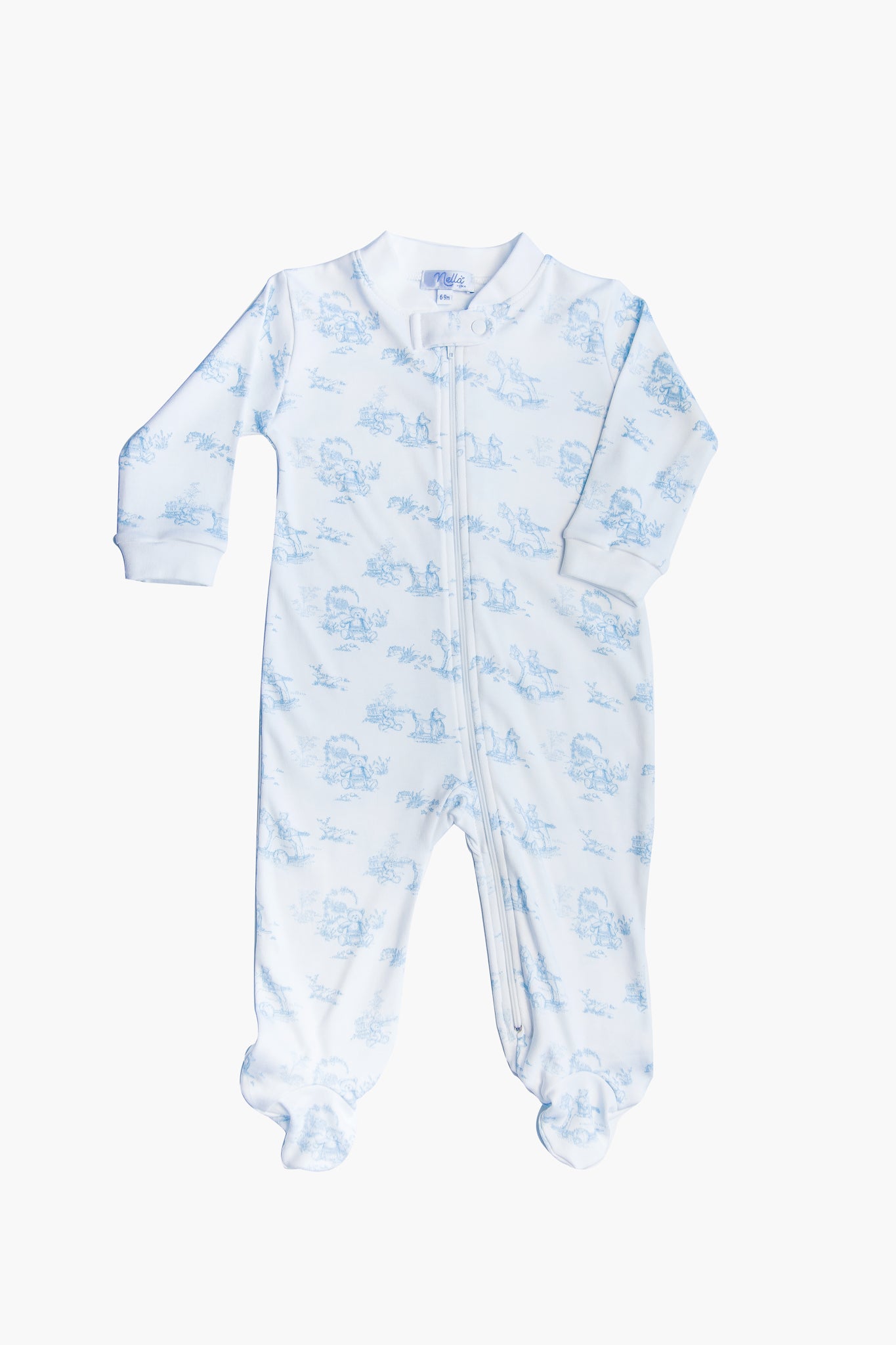 Blue Toile Zipper Footie Pajamas for Women - Soft Cotton Sleepwear with Non-Slip Grips - Perfect for Winter Nights & Cozy Lounging at Home