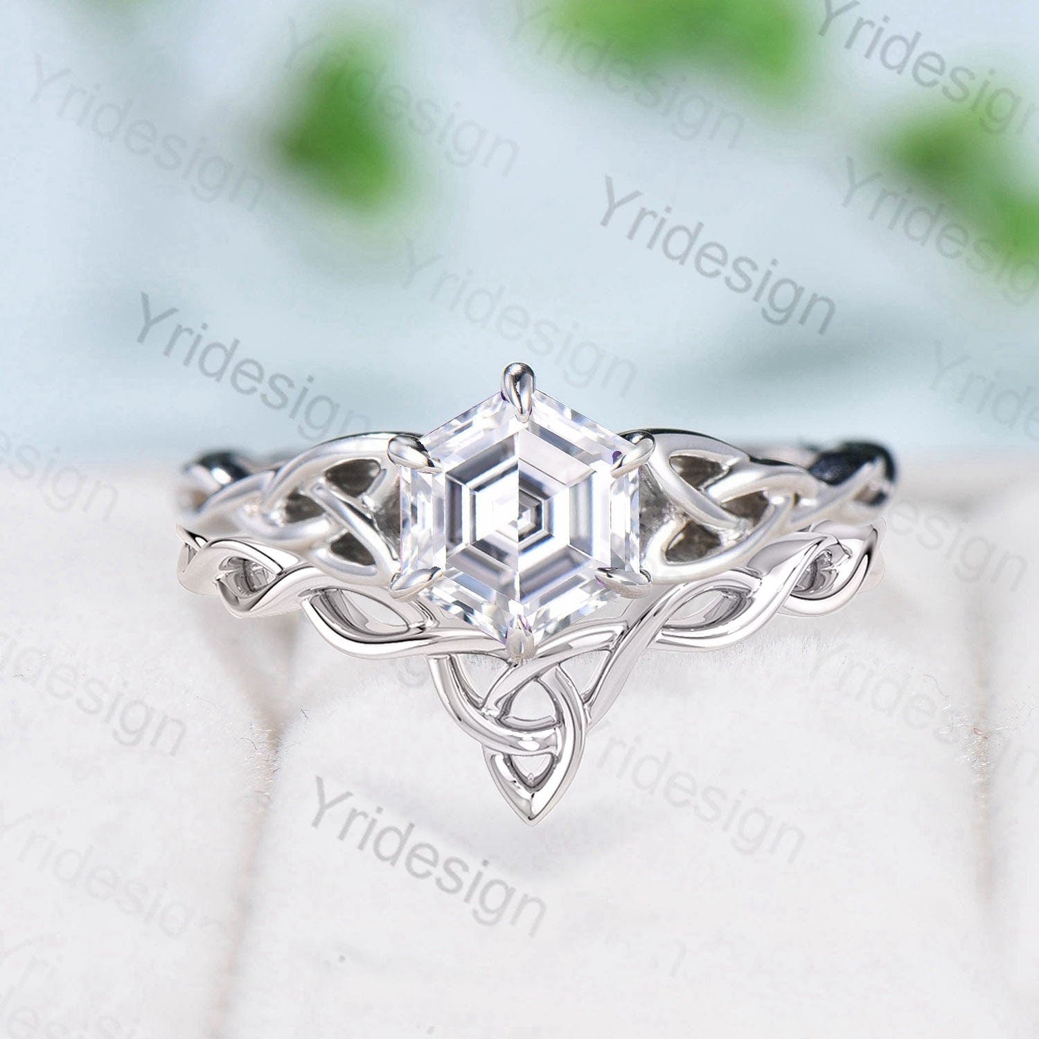 Viking Hexagon Moissanite Ring Set - Celtic Love Knot Engagement Ring in White Gold, Unique Twisted Wedding Band for Women - Perfect for Norse-Themed Weddings, Anniversary Gifts & Celtic Jewelry Lovers