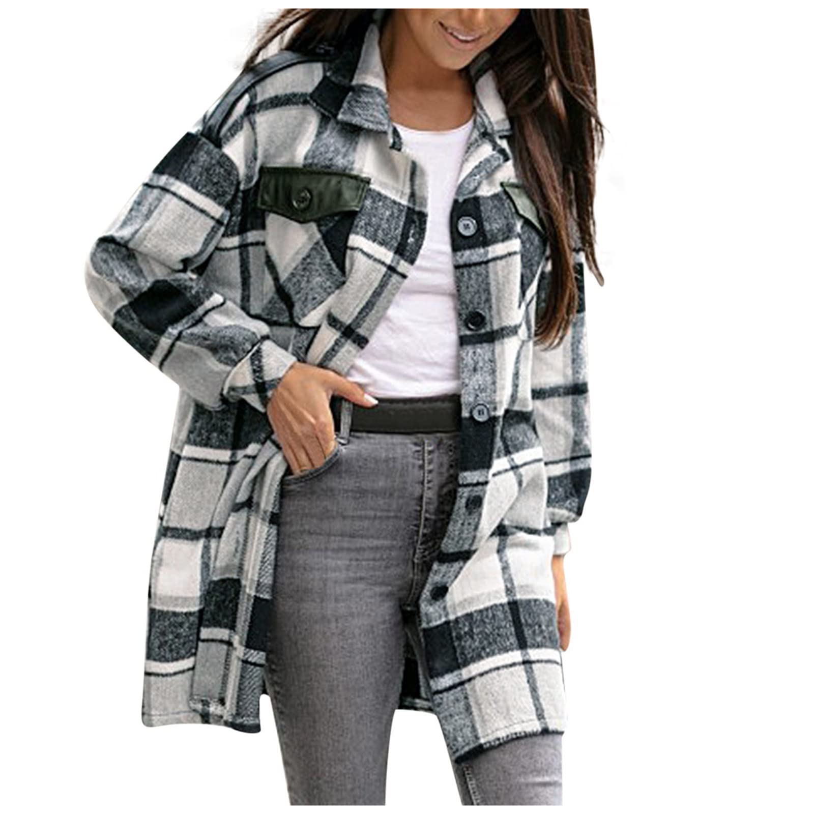 FMCHICO Women's Casual Plaid Wool Blend Button Down Long Sleeve Shirt Jacket - Cozy Fall & Winter Layering for Office, Travel and Outdoor Activities