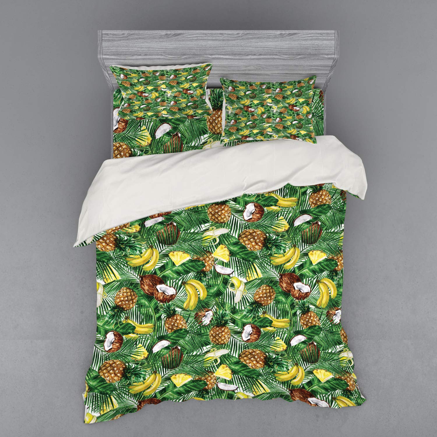 Ambesonne Tropical Queen Size 4-Piece Bedding Set - Pineapple Banana Coconut Hawaiian Duvet Cover with Shams & Fitted Sheet, Green Brown Yellow Fern Leaf Design | Exotic Beach Theme Bedroom Decor for Vacation Homes & Tropical Retreats