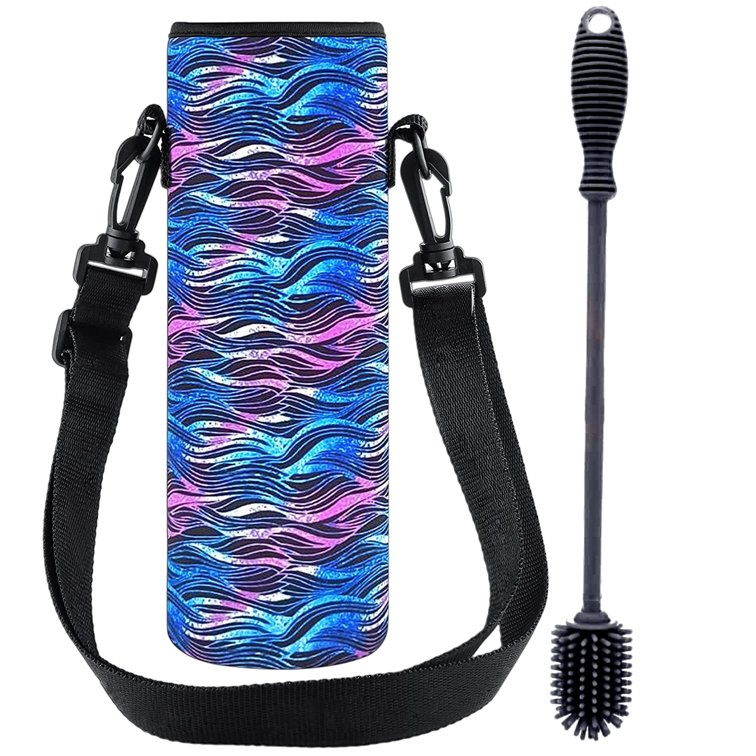 **Insulated Neoprene Water Bottle Holder with Adjustable Strap & Silicone Cleaning Brush Set – Portable Carrier for Walking, Hiking, Gym & Travel – Black Waves Design**