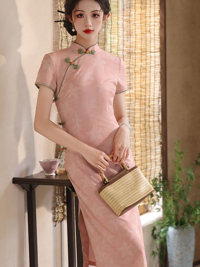 2025 Pink Floral Midi Cheongsam Qipao Dress - Vintage Chinese Style Bodycon Dress for Women, Wedding, Party & Special Occasions