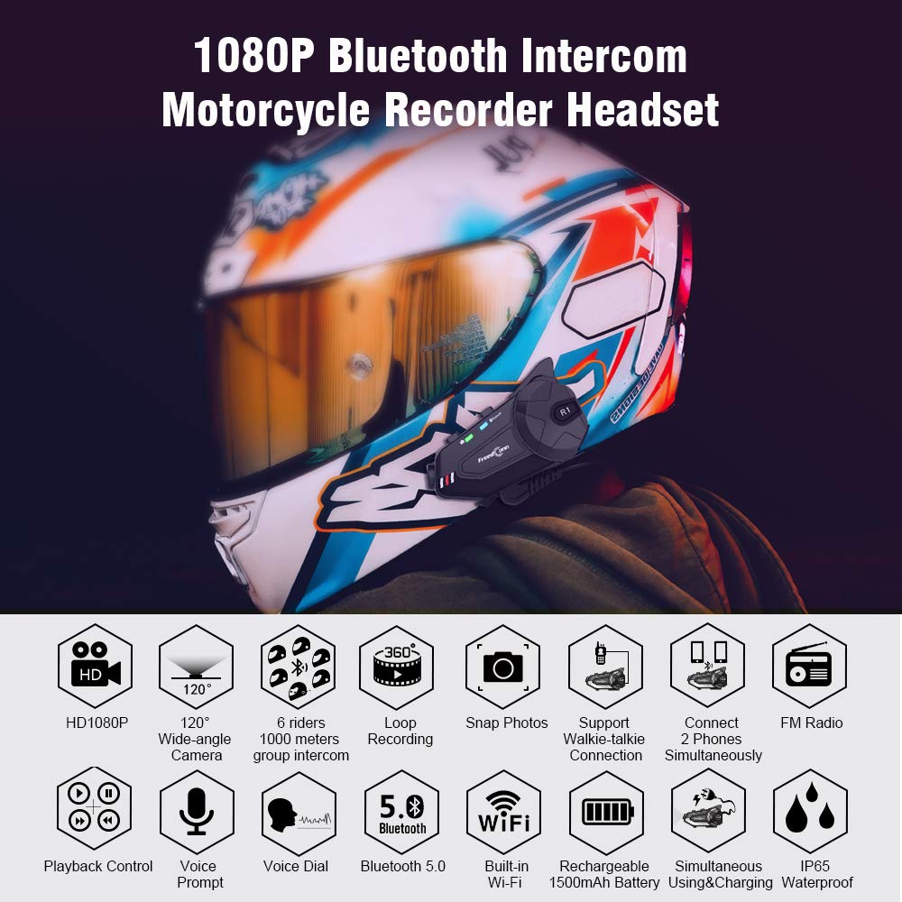 FreedConn R1plus Bluetooth Motorcycle Helmet Headset with Camera - 1000M Range, 6-Way Intercom, Waterproof, FM Radio - Wireless Communication System for Most Helmets - Perfect for Group Rides, Touring & Adventure Motorcycling