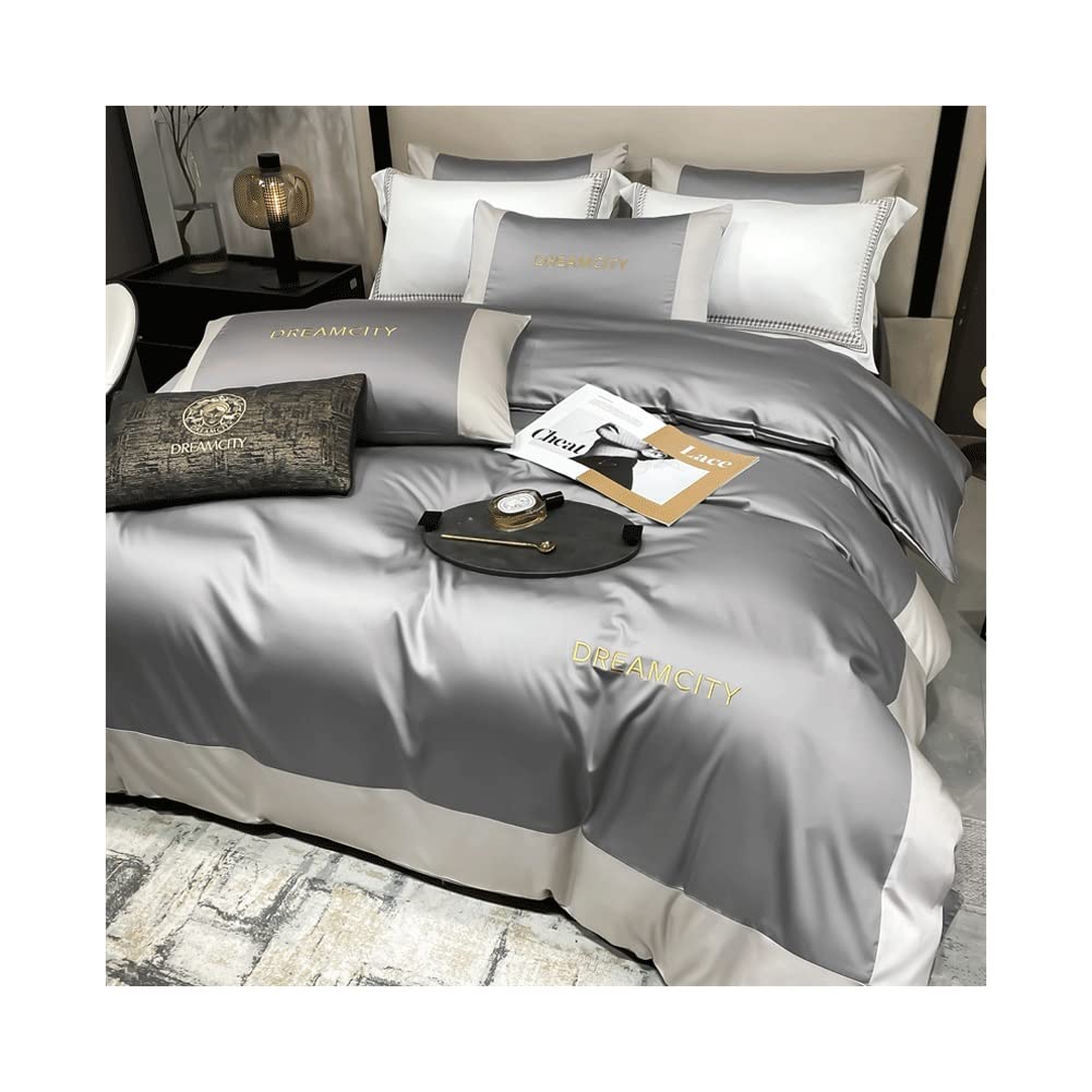 Luxury Silk Satin Bedding Set - 4 Piece Double Size (200x230cm) with Fitted Sheet, Duvet Cover & Pillowcases - Deep Pocket Design - Silver Gray - Perfect for Master Bedroom, Guest Room & Hotel Stays