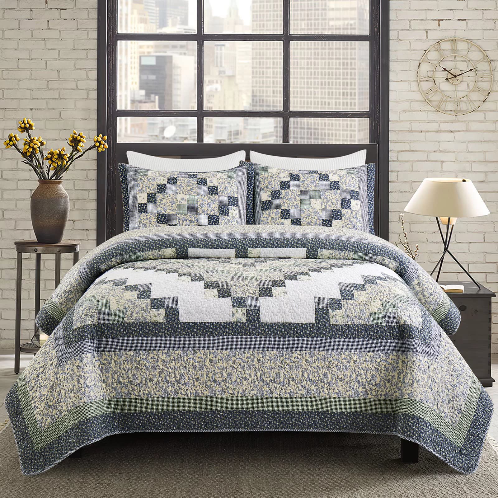100% Cotton Patchwork Quilt Queen Size - Reversible Vintage Plaid Floral Blue Bedspread Set (3-Piece) | Soft & Breathable Bedding for Cozy Home Decor, Guest Room & Seasonal Use