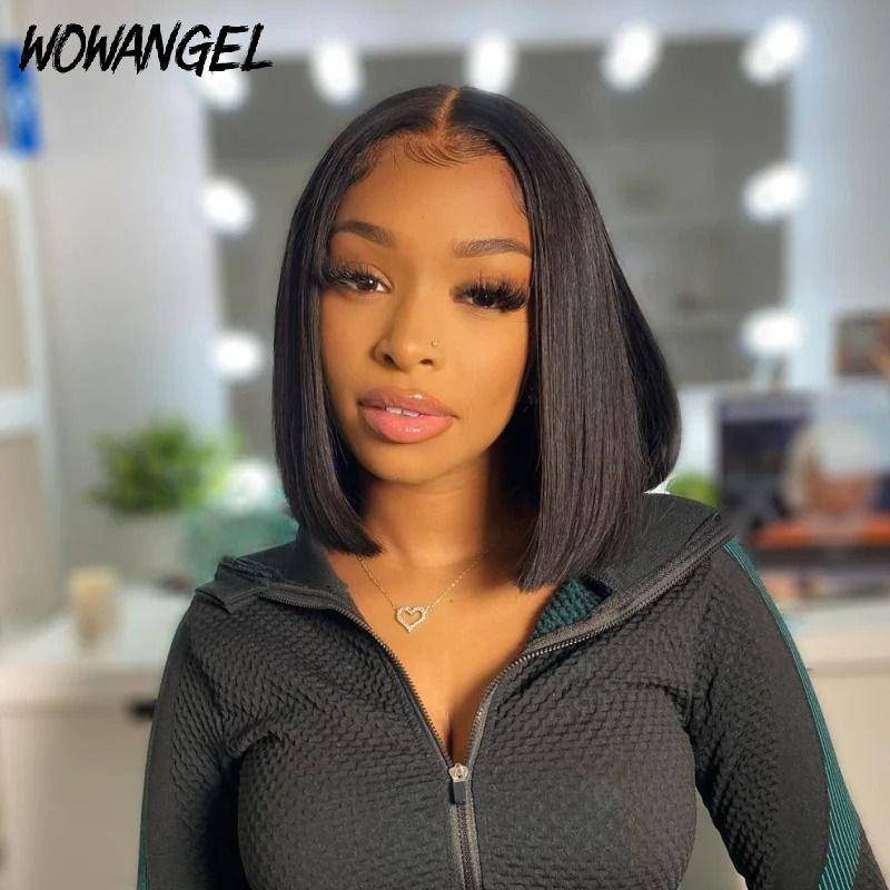 WOWANGEL 13x4 Transparent Lace Front Wig - Straight Bob Human Hair Wig 180% Density Natural Black for Women | Perfect for Daily Wear, Cosplay & Special Occasions
