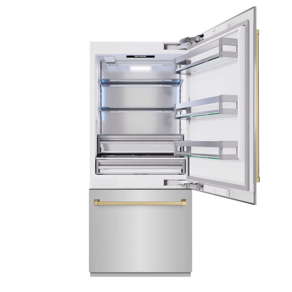 ZLINE Autograph Edition 36 Inch Built-In Bottom Freezer Refrigerator - 19.8 cu. ft. Capacity, Stainless Steel with Champagne Bronze Accents, Water Dispenser & Ice Maker (RBITZ 304 36CB) - Perfect for Modern Kitchens, Open Concept Homes & Luxury Appliances Upgrade