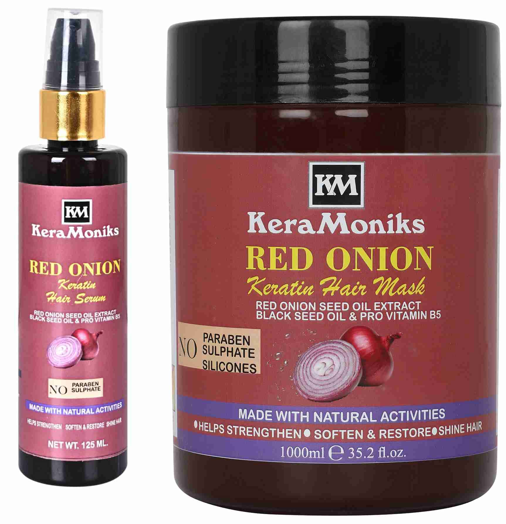 Keramoniks Red Onion Keratin Hair Mask & Serum Set - 1000ml Hair Mask + 125ml Hair Serum (Pack of 2) - Deep Conditioning Treatment for Damaged Hair - Promotes Hair Growth & Reduces Breakage - Perfect for Dry, Frizzy & Color-Treated Hair at Home or Salon