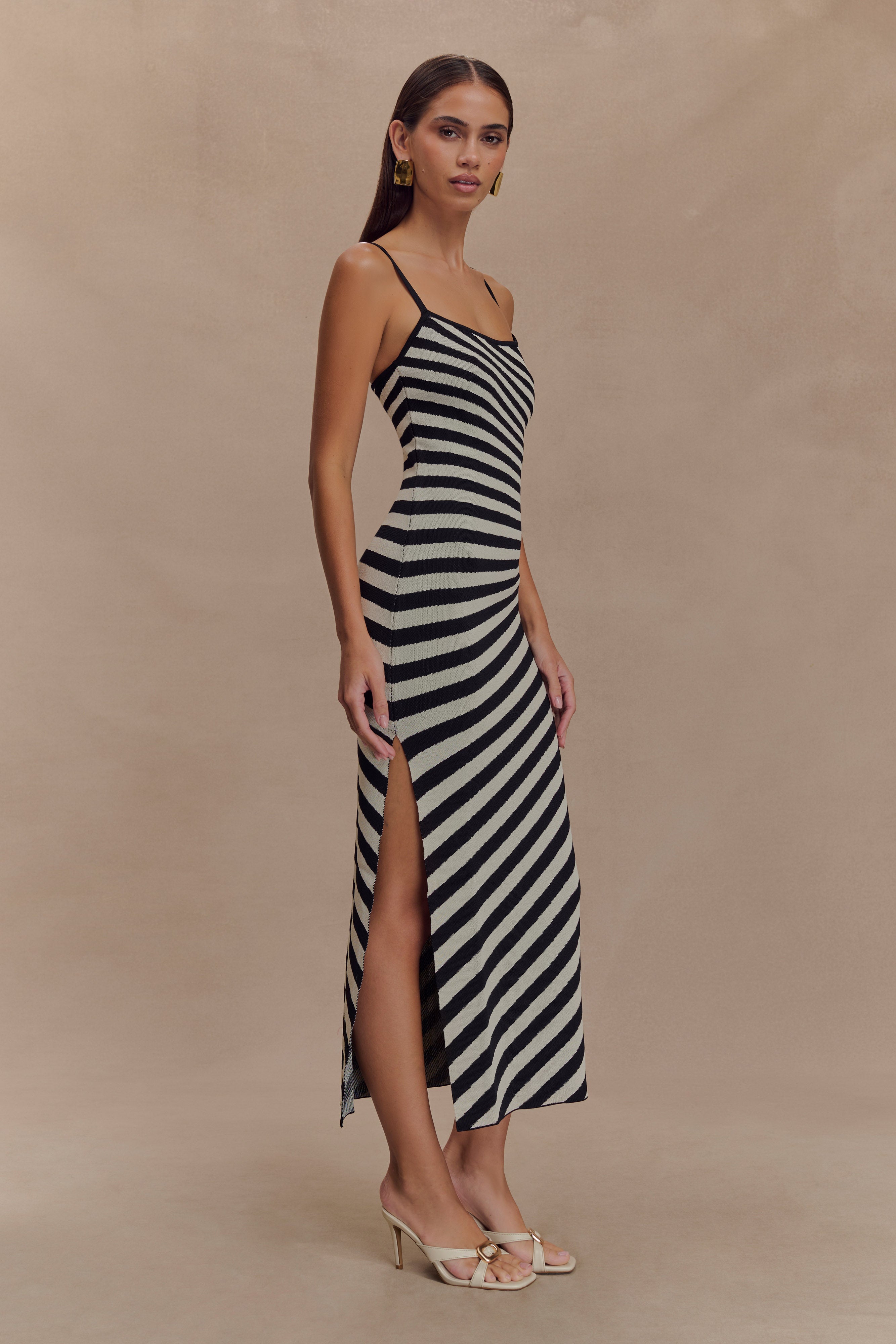 Raven Striped Knit Midi Dress - Black & White Women's Casual Summer Dress for Beach, Party & Office Wear