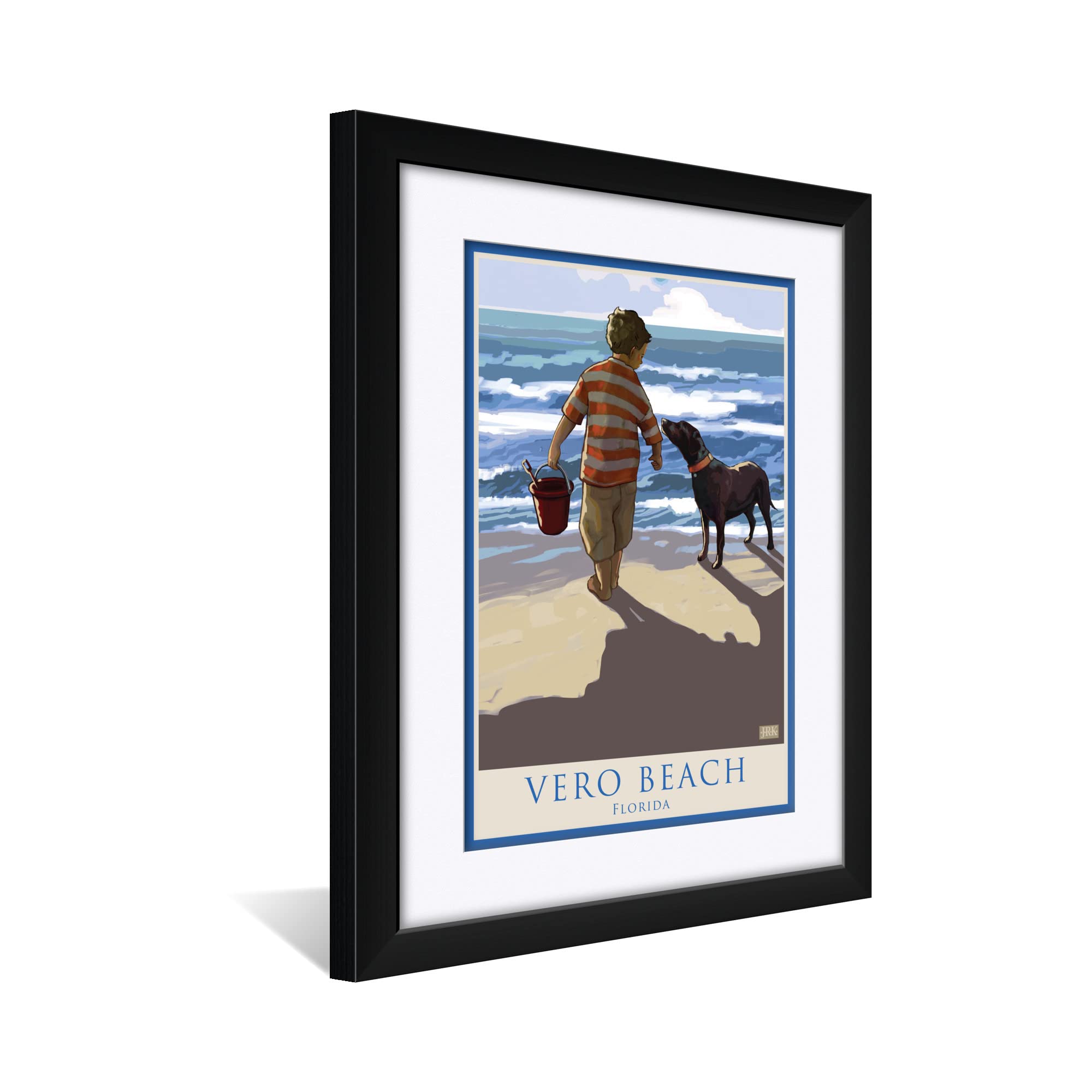 Vero Beach Florida Coastal Art Print - Boy & Dog Beach Painting by Joanne Kollman - Professionally Framed 18x24 Inch Wall Decor - Perfect for Living Room, Bedroom or Beach House Decor