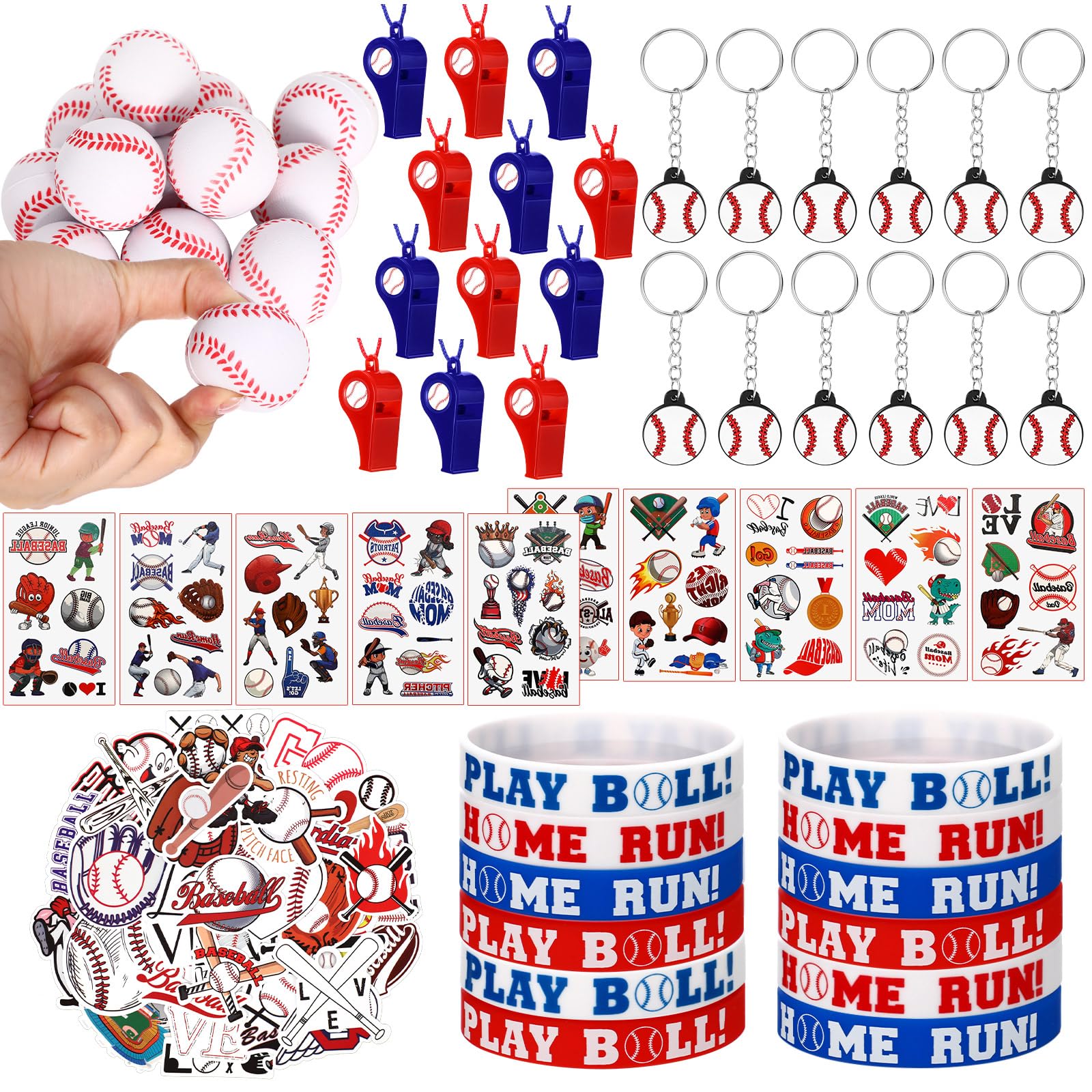 Aoriher 108 Pcs Sports Party Favors Set - Mini Sports Balls, Whistles, Silicone Bracelets & Temporary Tattoos for Baseball Themed Birthday Parties, Team Celebrations & School Sports Events