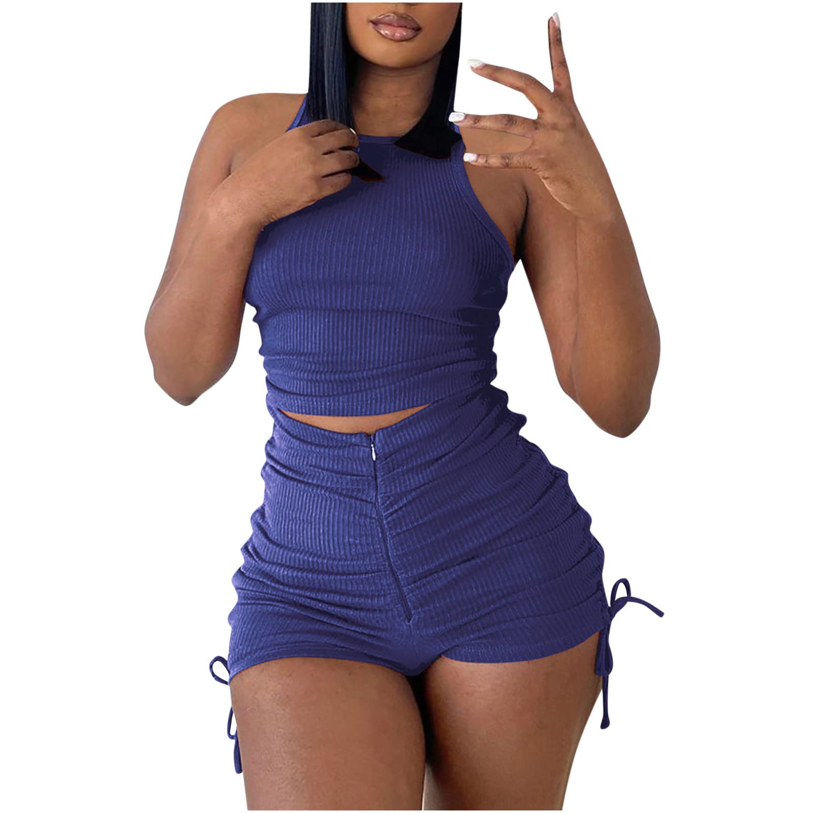 Sexy 2-Piece Summer Outfits for Women - Bodycon Romper Crop Top & Ruched Drawstring Shorts Tracksuit Set | Workout, Gym, Beach & Casual Wear