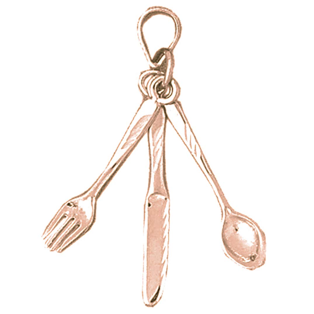 14K Rose Gold 3D Utensil Pendant Necklace - Fork, Knife & Spoon Charm (36mm) - Elegant Jewelry Gift for Food Lovers & Chefs - Perfect for Cooking Enthusiasts & Restaurant-Themed Outfits
