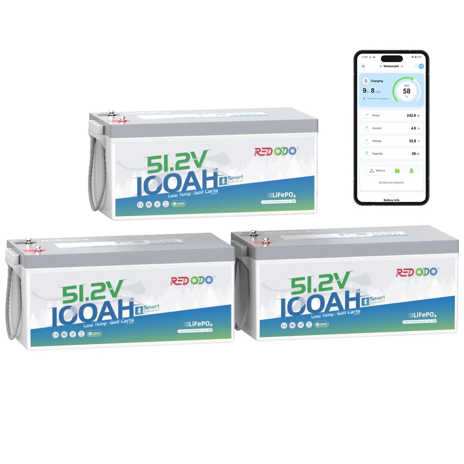 Redodo 48V (51.2V) 100Ah LiFePO4 Lithium Golf Cart Battery with Bluetooth - Perfect for Golf Carts, Electric Vehicles & Off-Grid Power Systems