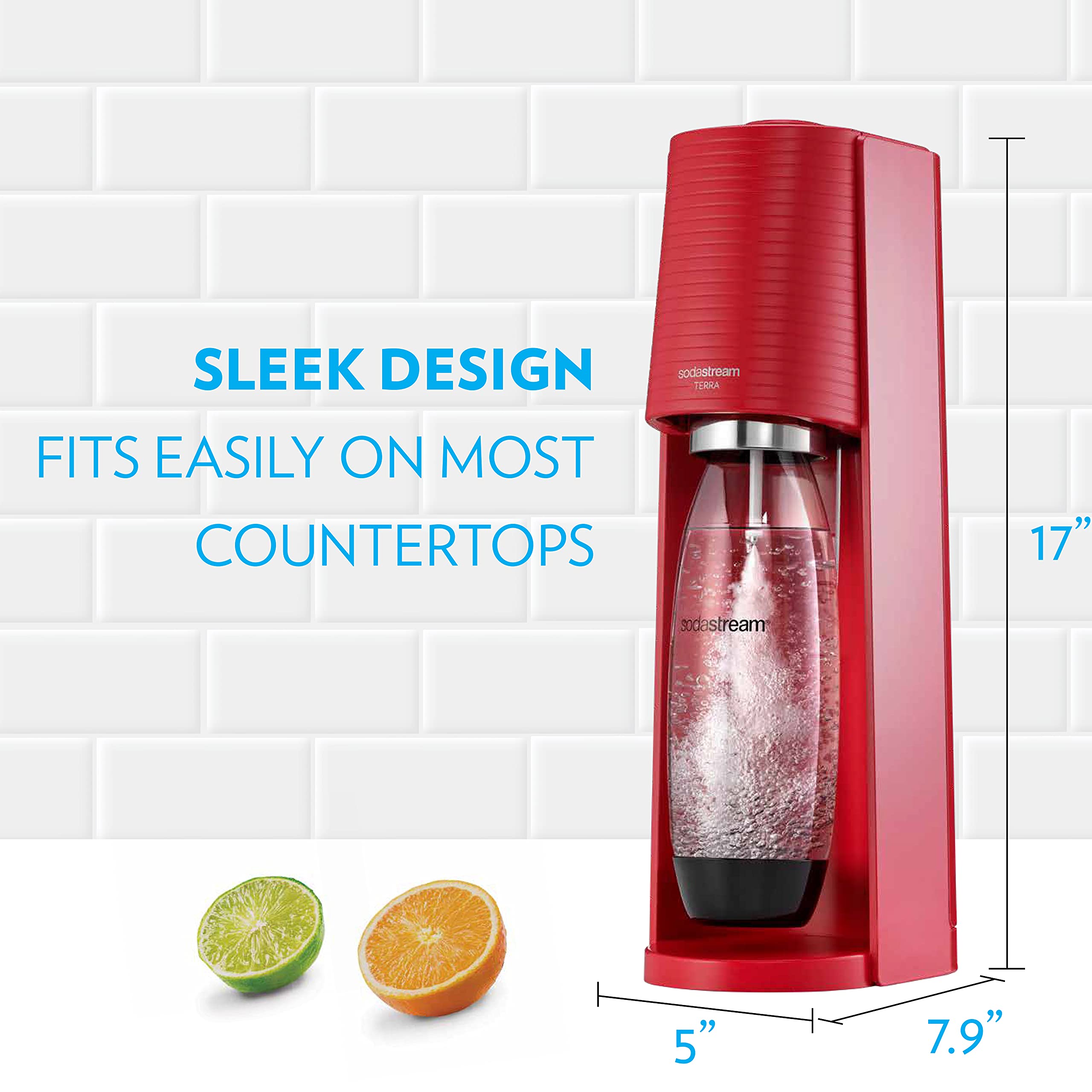 SodaStream Terra Sparkling Water Maker Kit - Red Carbonation Machine with CO2 Cylinder & Dishwasher-Safe Bottle for Home, Office, and Parties | Make Fresh Sparkling Water Instantly