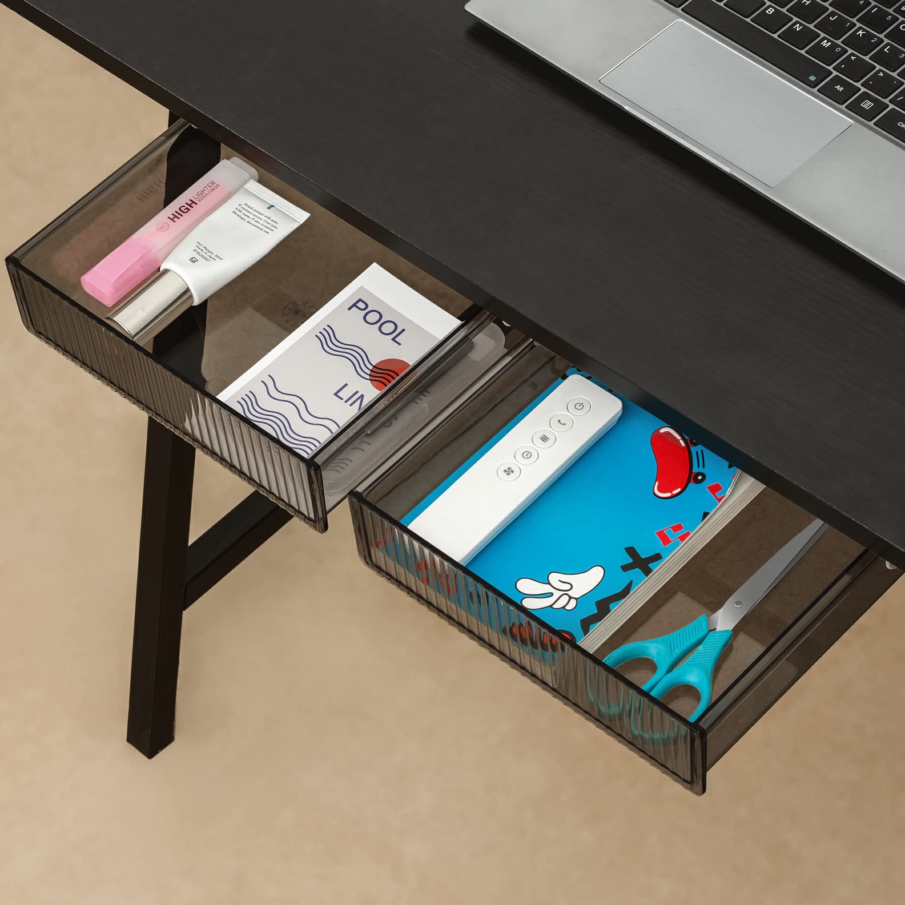2 Pack Under Desk Drawer Organizer Slide Out - Self-Adhesive Plastic Storage Tray for Office, Home & Classroom - Space Saving Workspace Organizer for Files, Stationery & Office Supplies (Perfect Under Computer Desk or Study Table)