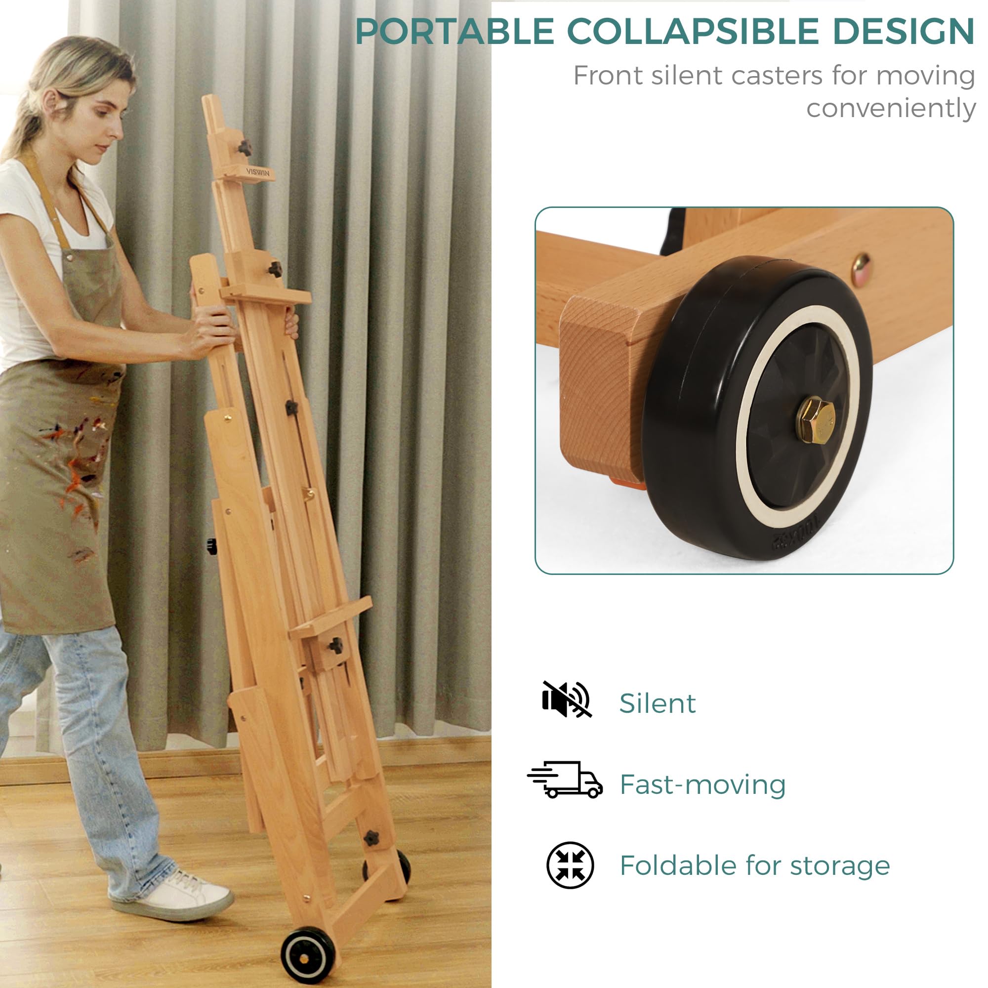 VISWIN Adjustable Beech Wood H-Frame Easel - Collapsible Floor Art Stand for 1-2 Canvases Up to 78