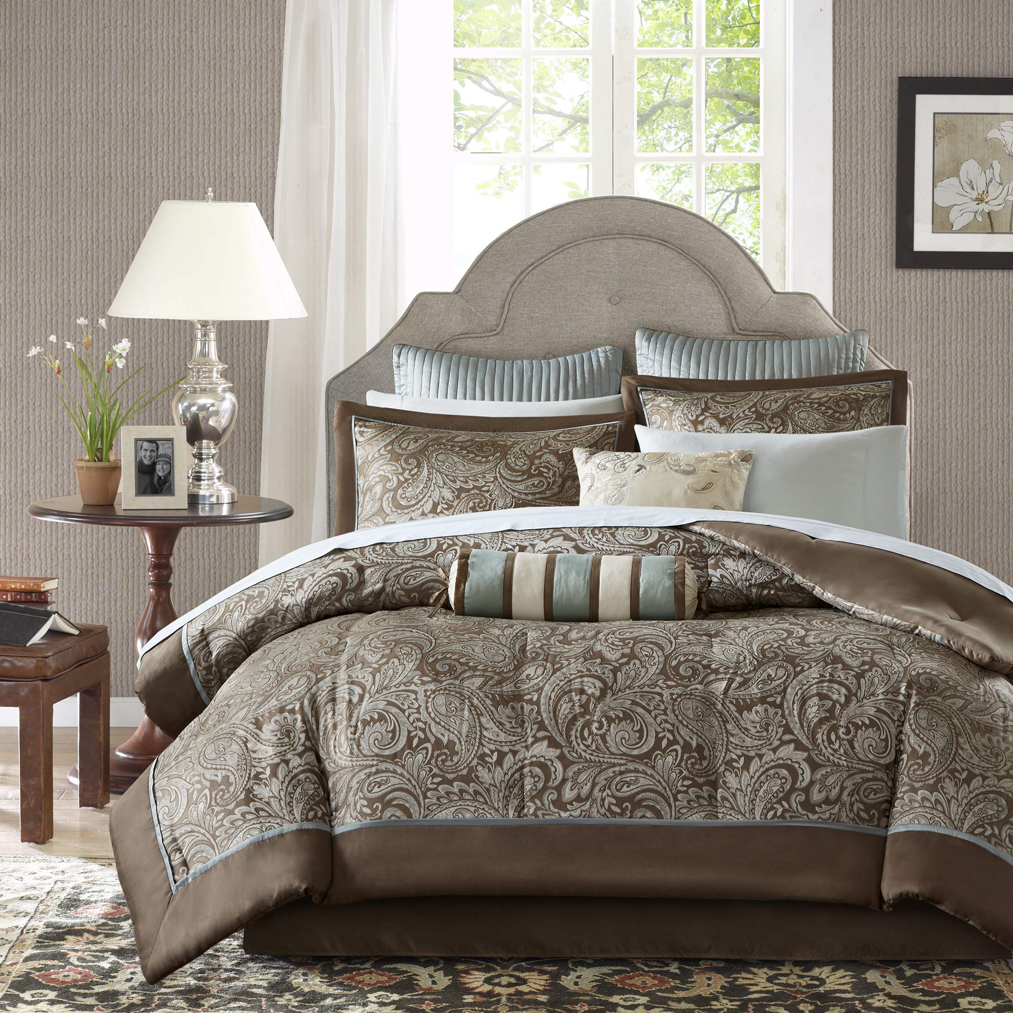 Madison Park Aubrey Cozy Comforter Set - Faux Silk Jacquard Paisley Design, All Season Down Alternative Bedding with Cotton Sheets, Bed Skirt & Toss Pillows - Queen Size, Blue, 12-Piece Set | Perfect for Master Bedroom, Guest Room & Cozy Home Decor