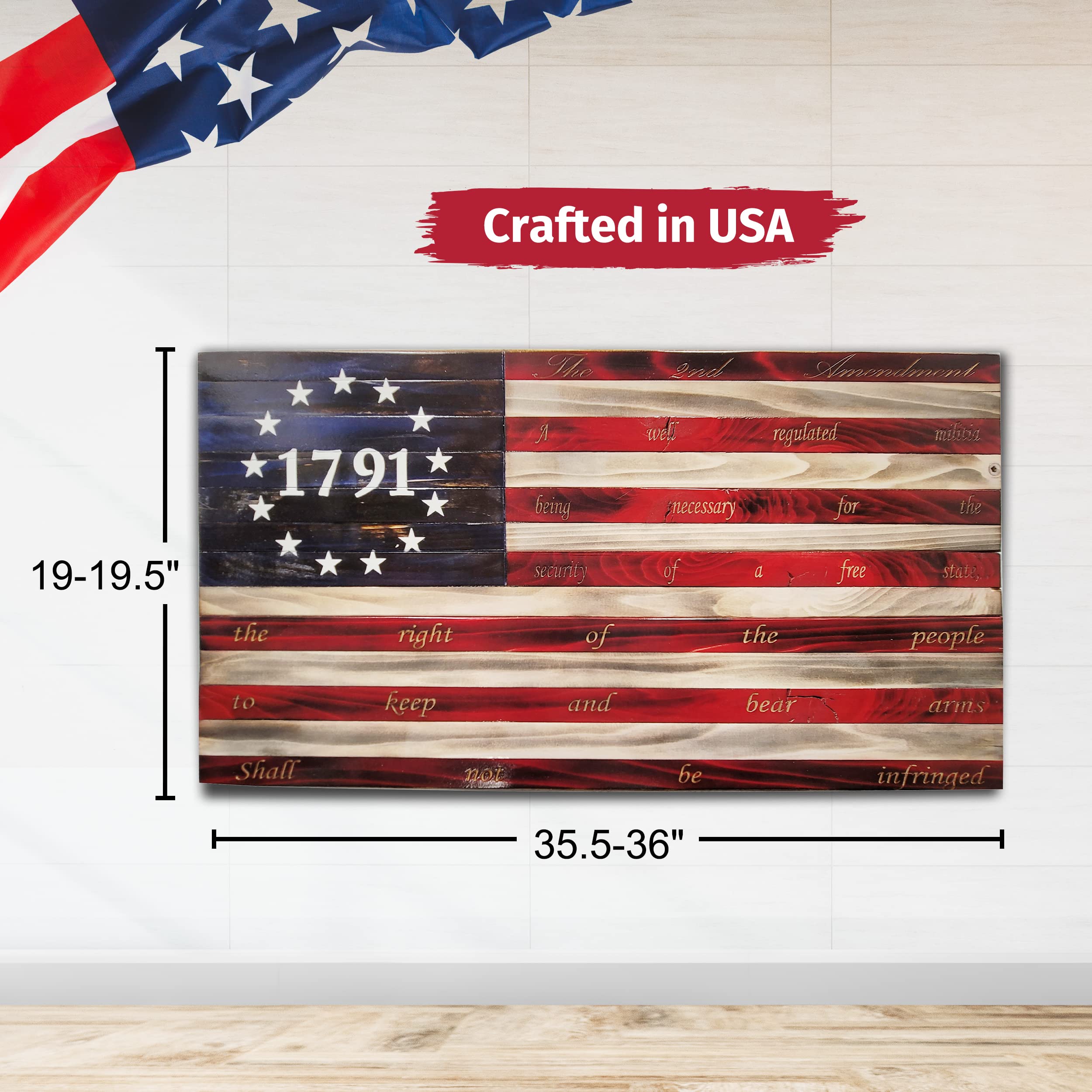 13 Stars 1791 Laser Etched 2nd Amendment American Flag - Handmade Wooden Wall Art for Home Decor, Independence Day & Patriotic Room Decor - Large 3Ft Indoor Flag Made in USA by Pioneer Pacific Flags - Perfect for Living Rooms, Offices & Man Caves