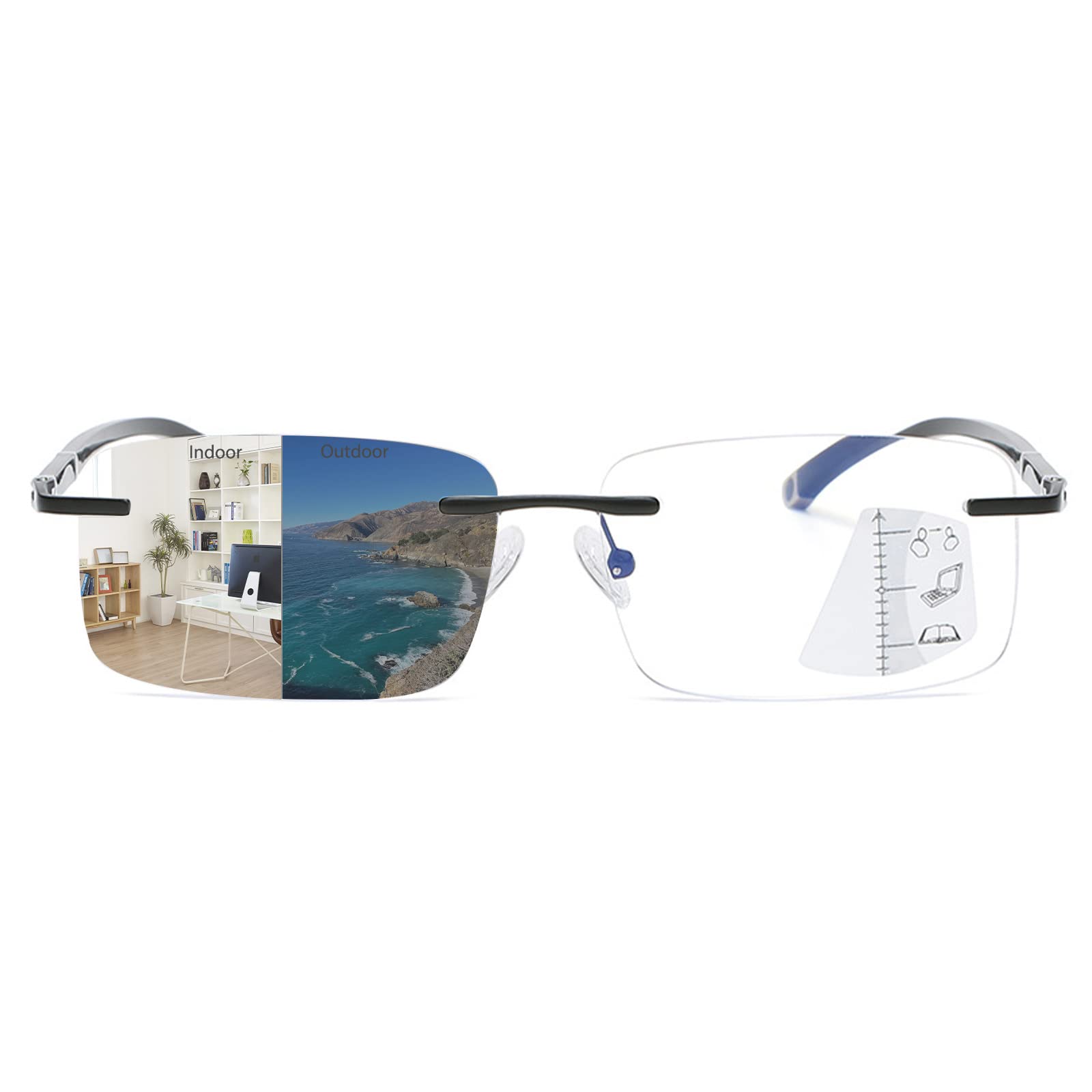 Photochromic Progressive Reading Glasses - Blue Light Blocking & Transition Sunglasses for Work & Outdoor