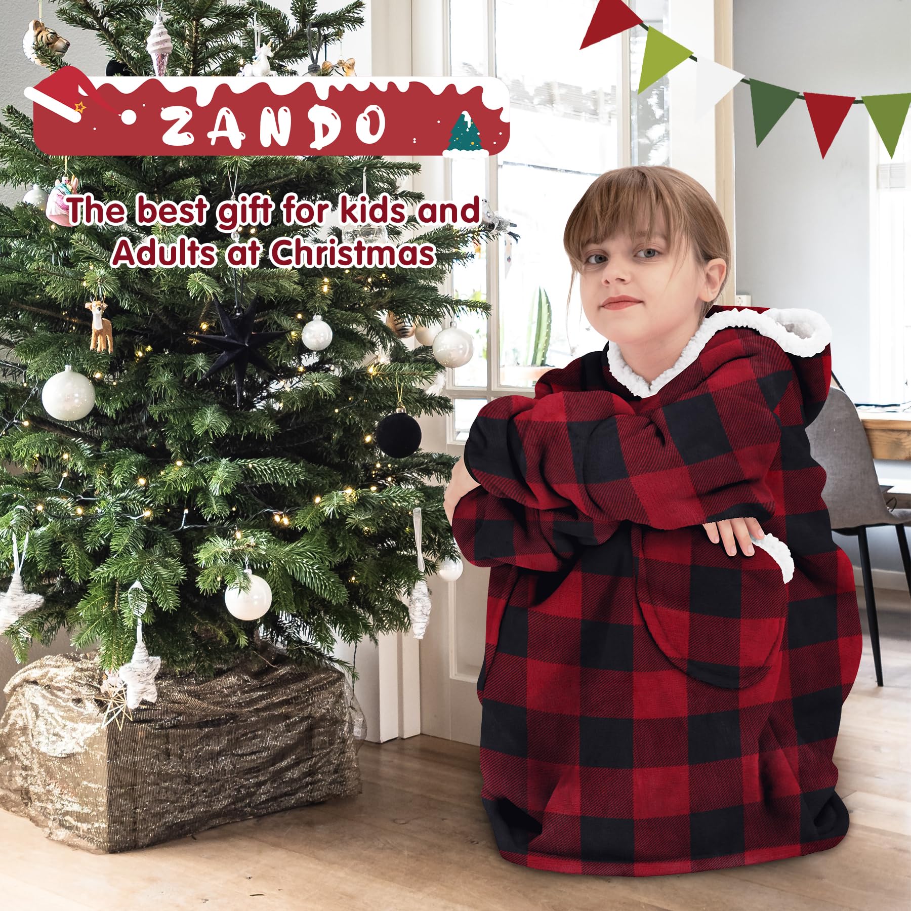 Zando Wearable Blanket Hoodie - Soft Sherpa Fleece Oversized Sweatshirt for Kids & Adults | Cozy Gift for Movie Nights, Camping & Lounge Wear