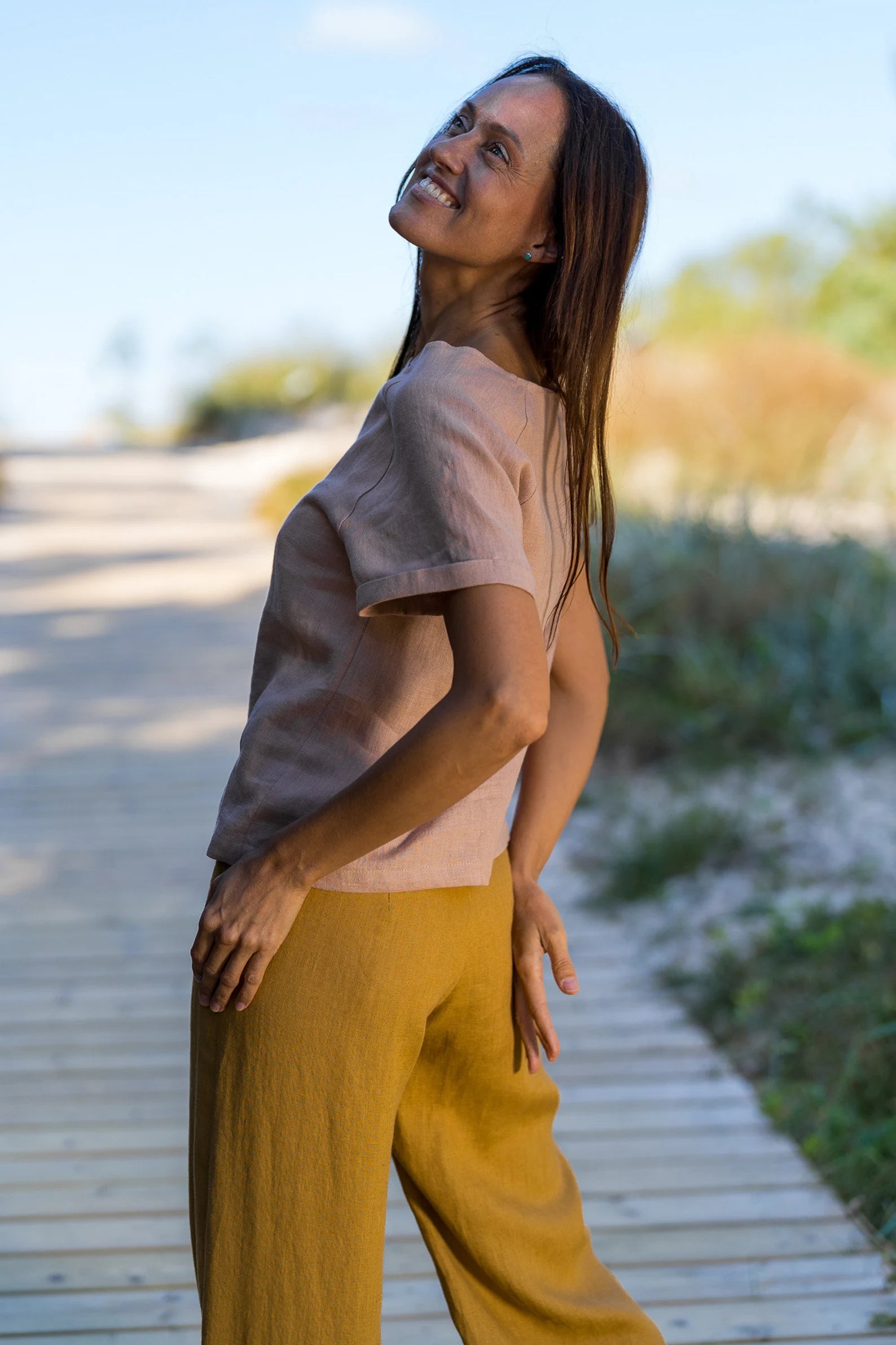 KLARA Linen Palazzo Pants for Women - Comfortable Wide Leg Trousers in Amber Yellow | Perfect for Summer, Beach, and Casual Wear